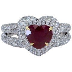 Retro 1.60 Carat Heart Shape Ruby and Diamond Halo Double-Row Engagement Ring