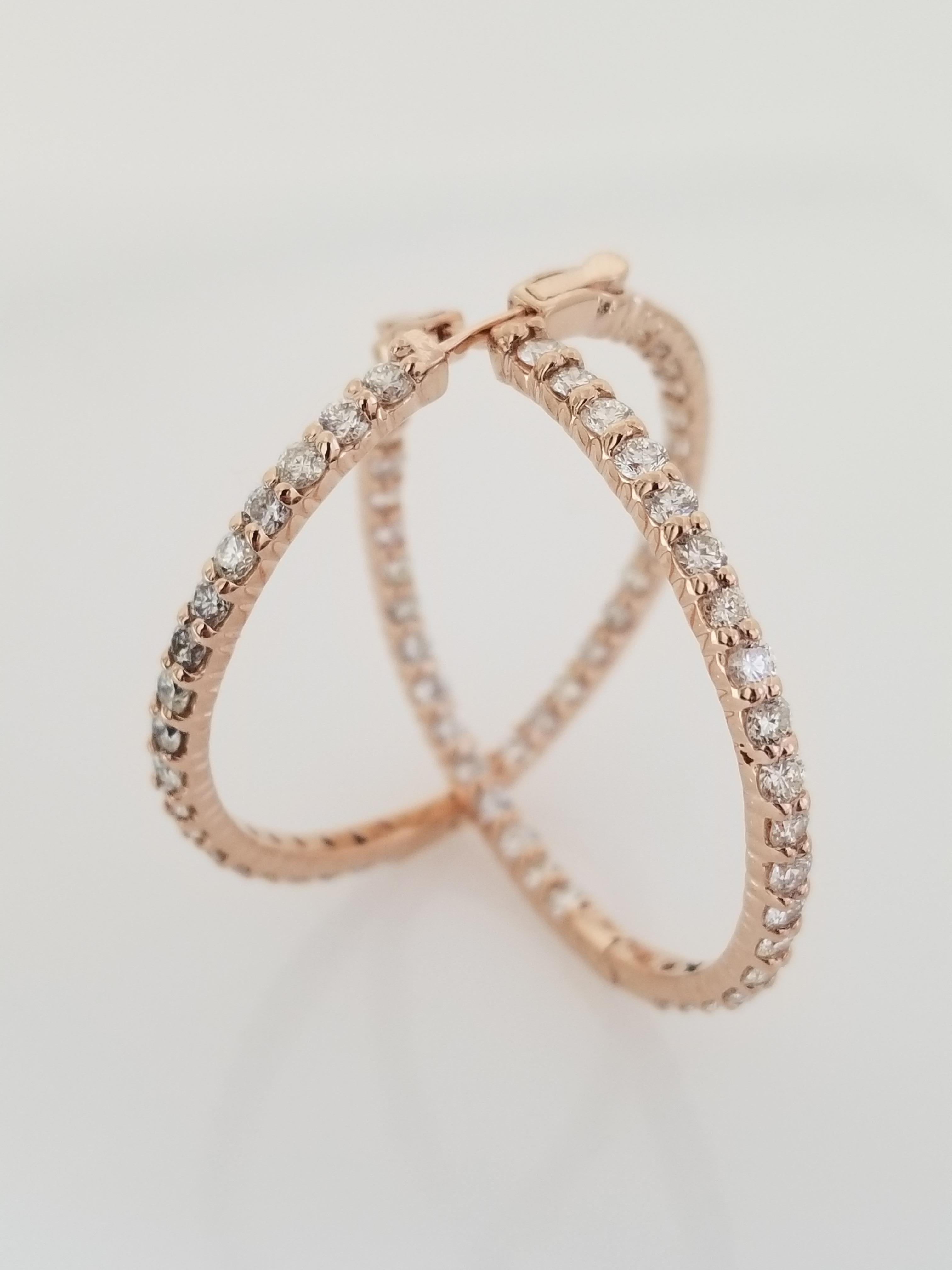 1.60 Carat Huggie Diamond Hoops Earrings 14 Karat Rose Gold In New Condition In Great Neck, NY