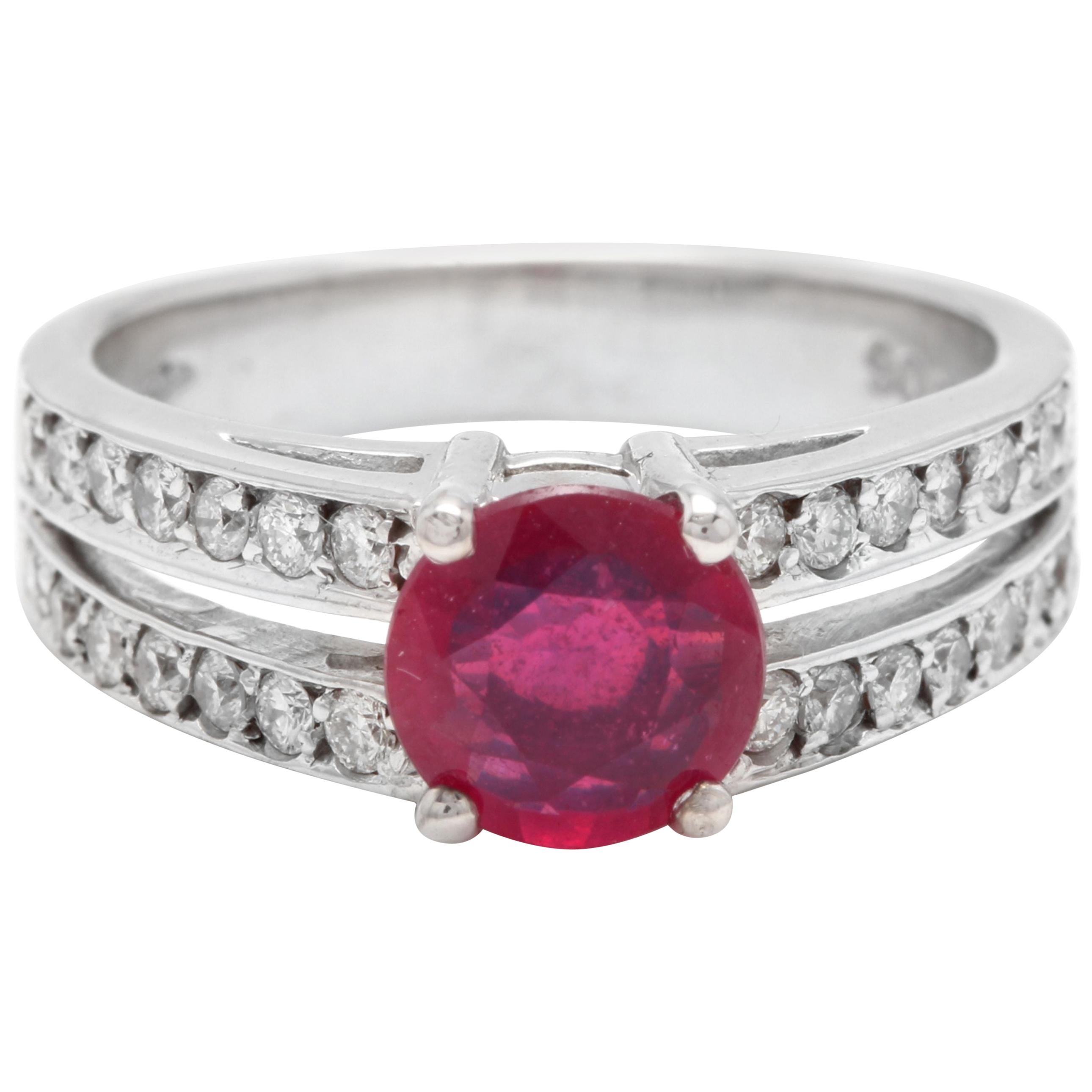 1.60 Carat Impressive Red Ruby and Natural Diamond 14 Karat White Gold Ring For Sale