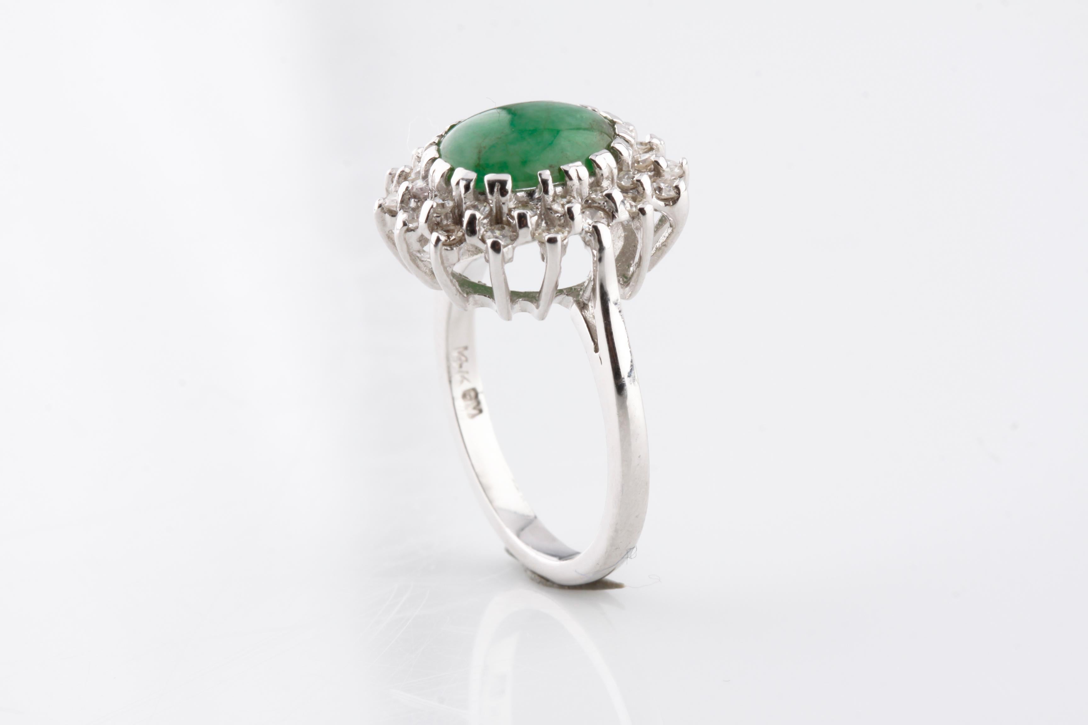 Cabochon 1.60 Carat Jadeite Solitaire Ring with Diamond Accents in White Gold For Sale