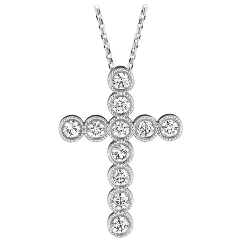 1.60 Carat Natural Diamond Cross Pendant Necklace 14 Karat White Gold G SI Chain