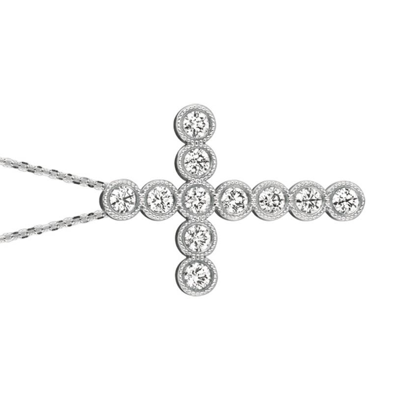 Round Cut 1.60 Carat Natural Diamond Cross Pendant Necklace 14 Karat White Gold G SI Chain For Sale