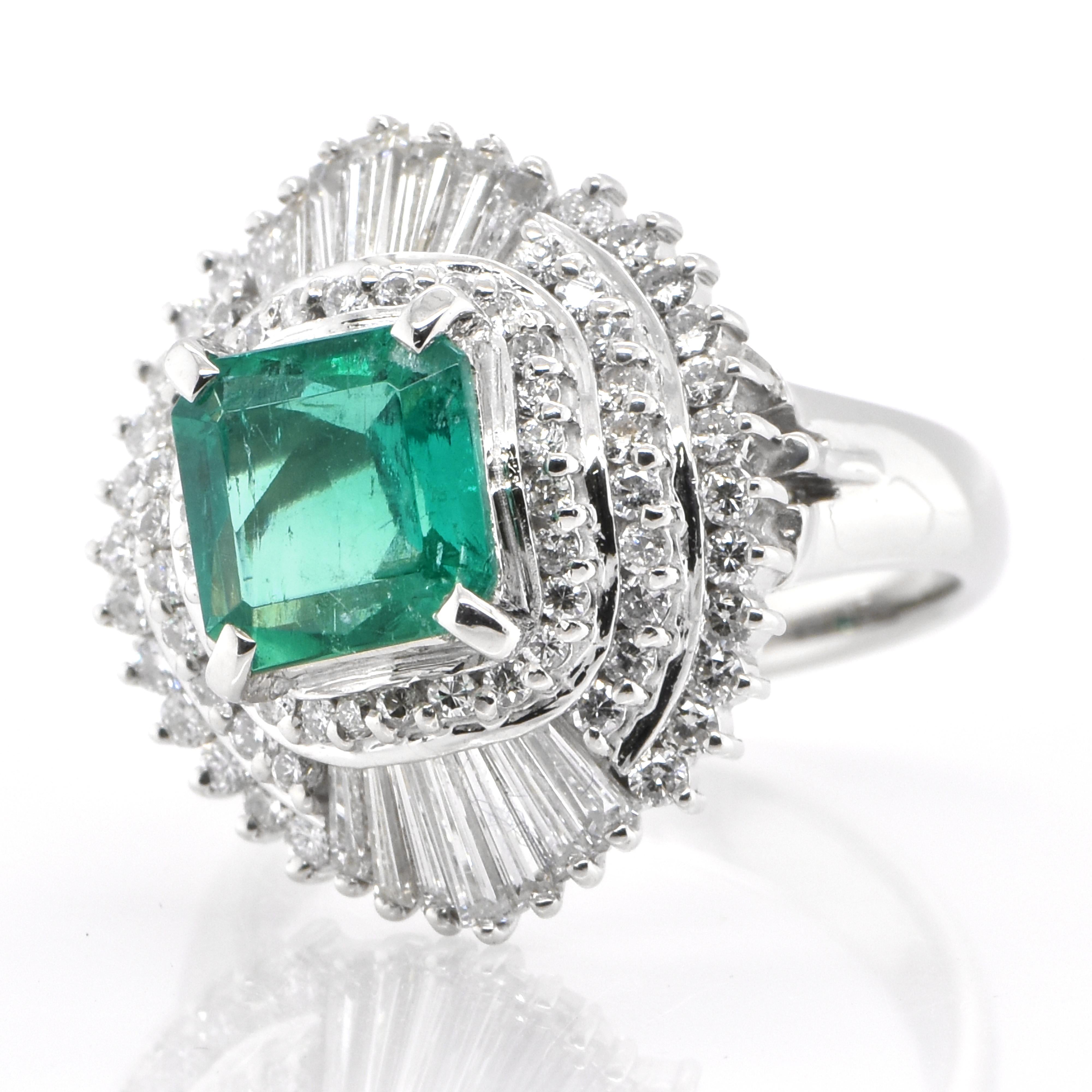 A stunning ring featuring a 1.60 Carat Natural Emerald and 1.05 Carats of Diamond Accents set in Platinum. People have admired emerald’s green for thousands of years. Emeralds have always been associated with the lushest landscapes and the richest