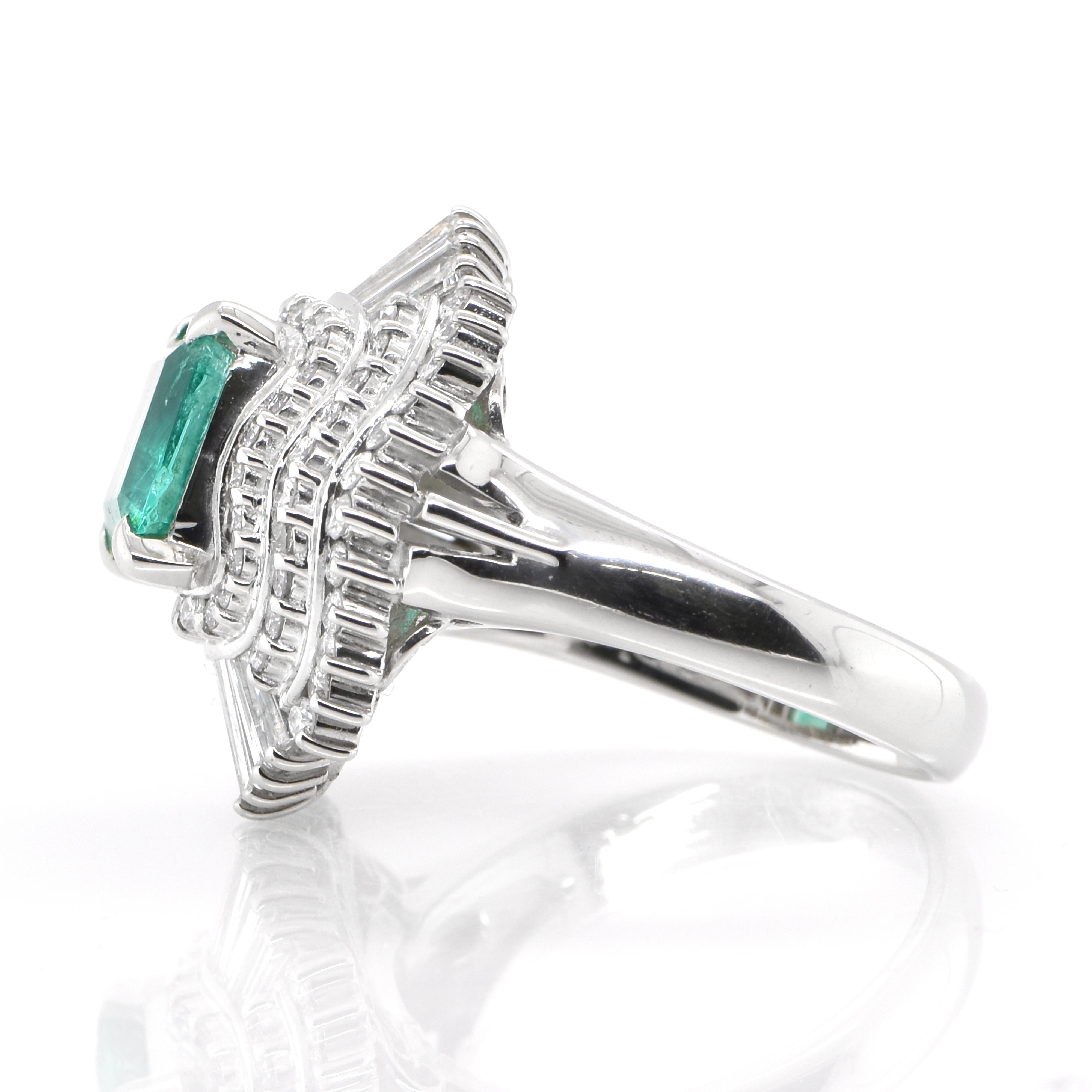 Emerald Cut  1.60 Carat Natural Emerald and Diamond Ring Set in Platinum For Sale