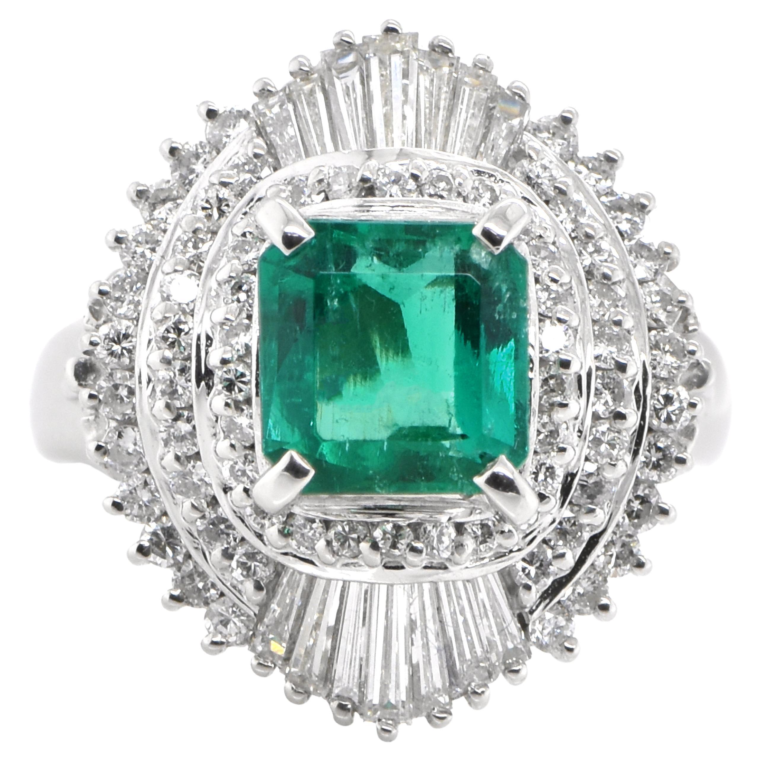  1.60 Carat Natural Emerald and Diamond Ring Set in Platinum For Sale
