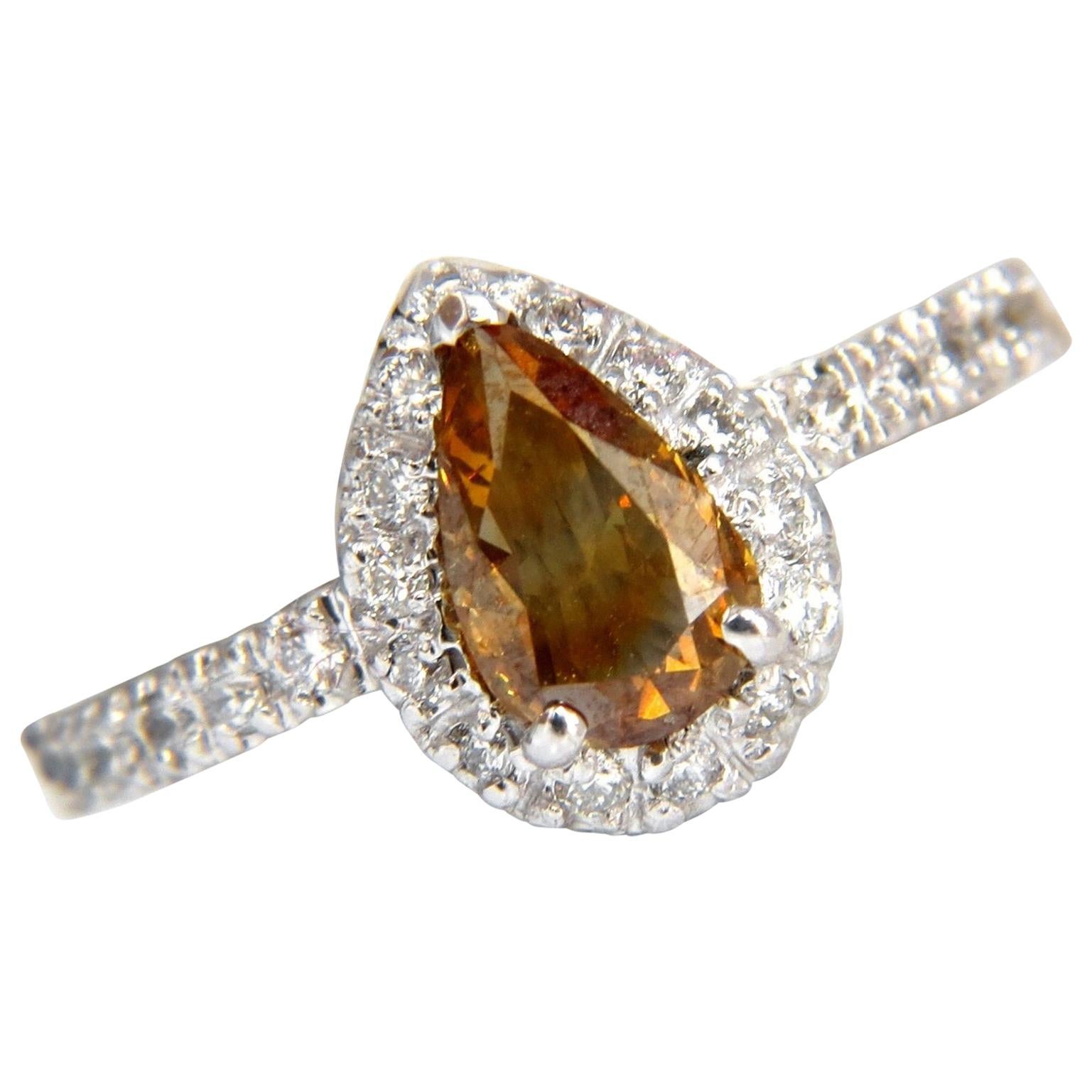 1.60 Carat Natural Fancy Color Yellow Brown Diamonds Halo Ring 14 Karat For Sale