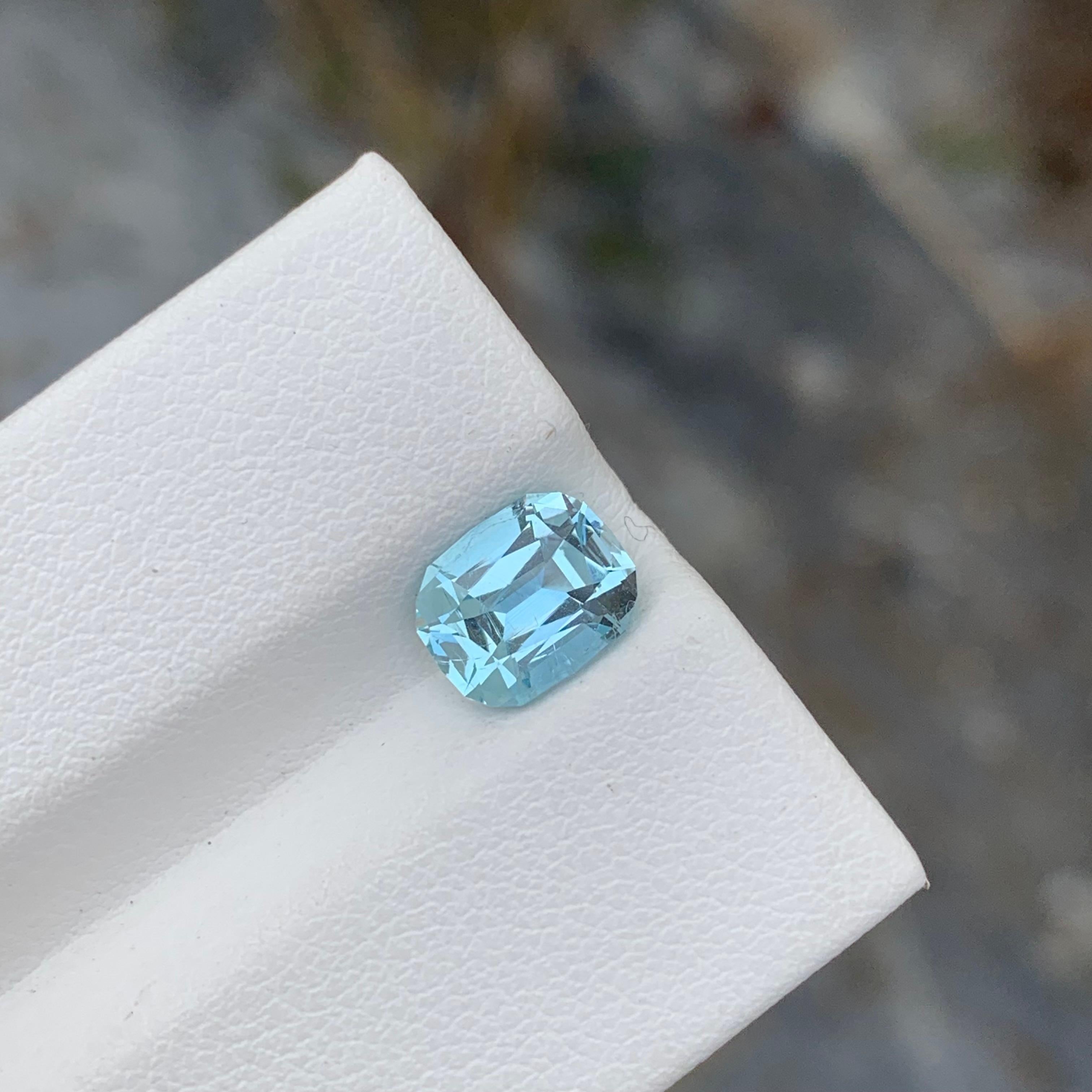Loose Aquamarine
Weight: 1.60 Carat
Dimension: 8.2 x 6.6 x 4.7 Mm
Colour : Pale Blue 
Origin: Shigar Valley, Pakistan
Treatment: Non
Certificate : On Demand
Shape: Cushion

Aquamarine is a captivating gemstone known for its enchanting blue-green
