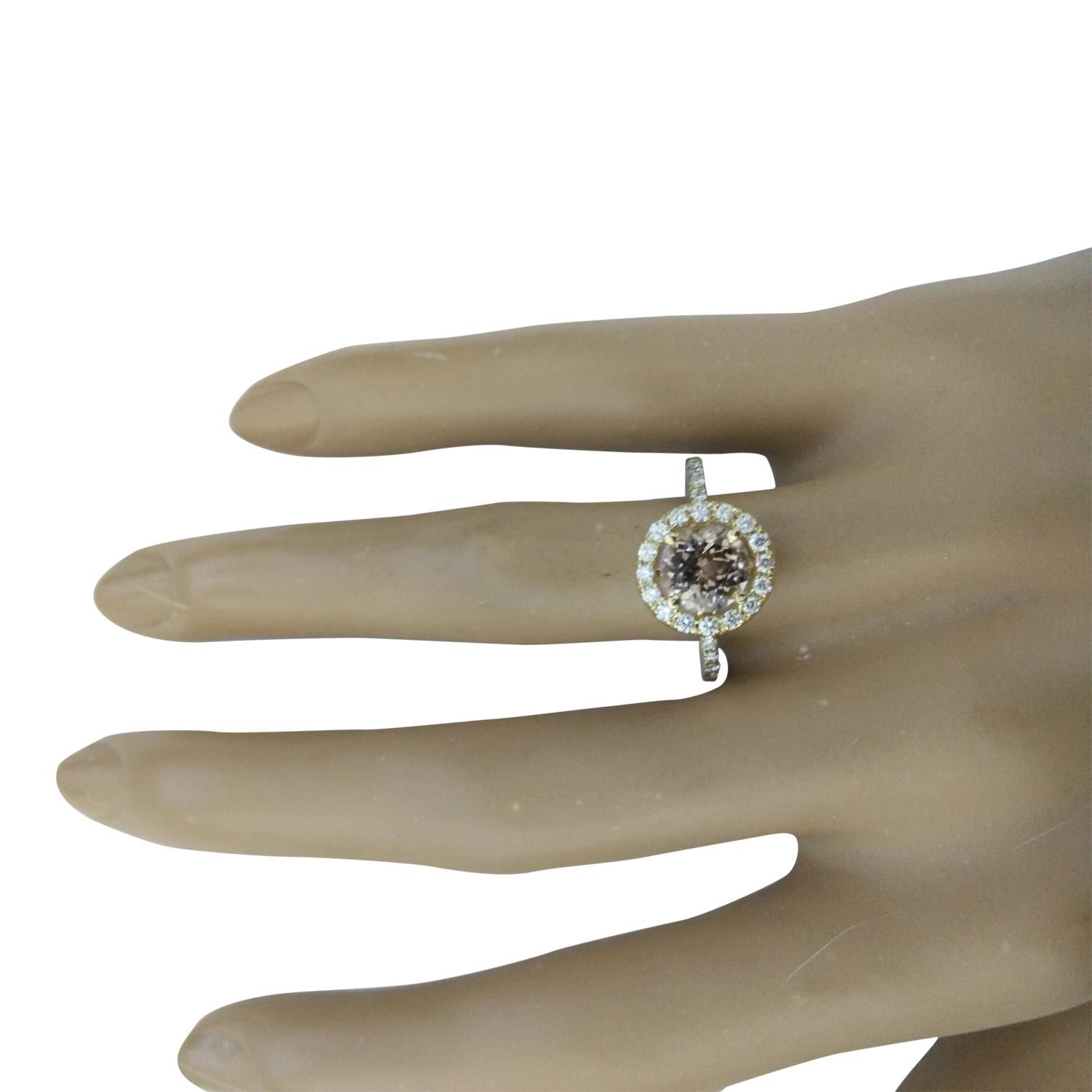 1.60 Carat Natural Morganite 14 Karat Solid Yellow Gold Diamond Ring
Stamped: 14K 
Ring Size: 7 
Total Ring Weight: 2.6 Grams 
Morganite Weight: 1.20 Carat (7.00x7.00 Millimeter) 
Diamond Weight: 0.40 Carat (F-G Color, VS2-SI1 Clarity) 
Quantity: