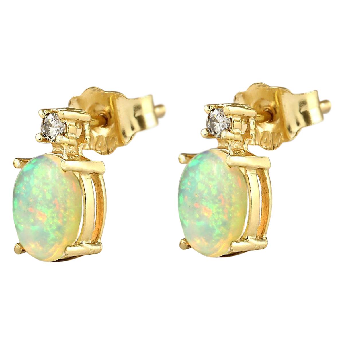 Stamped: 14K Yellow Gold
Total Earrings Weight: 1.3 Grams
Total Natural Opal Weight is 1.50 Carat (Measures: 7.00x5.00 mm)
Color: Multicolor
Total Natural Diamond Weight is 0.10 Carat
Color: F-G, Clarity: VS2-SI1
Face Measures: 10.10x5.00 mm
Sku: