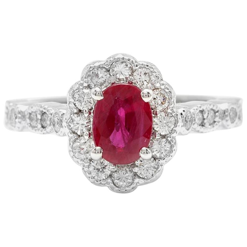 Rubí rojo natural de 1,60 quilates y diamante Anillo de oro blanco macizo de 14 quilates