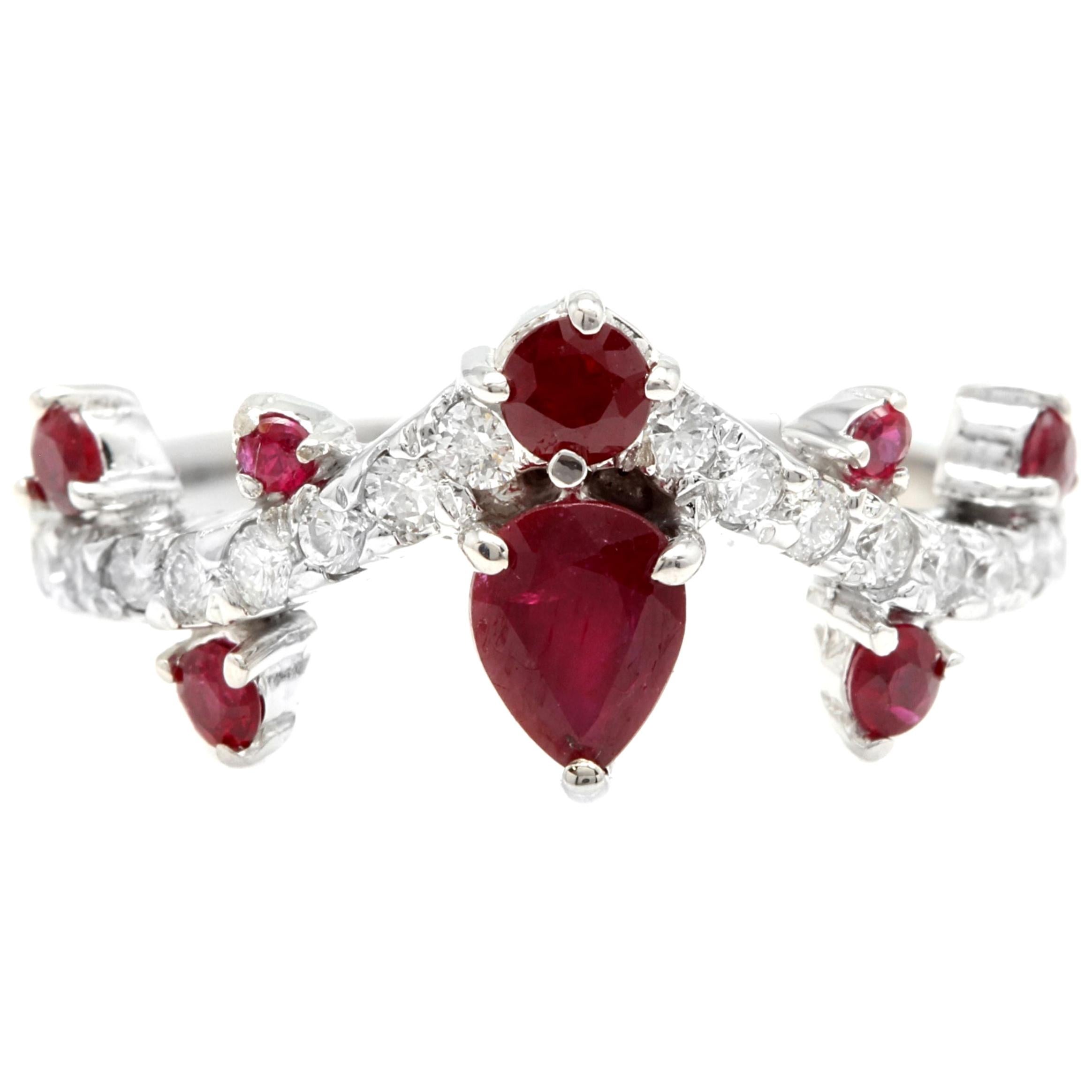 1.30 Carat Natural Red Ruby and Diamond 14 Karat Solid White Gold Ring For Sale
