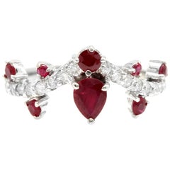 Anillo de oro blanco macizo de 14 quilates con rubí rojo natural de 1,30 quilates y diamantes