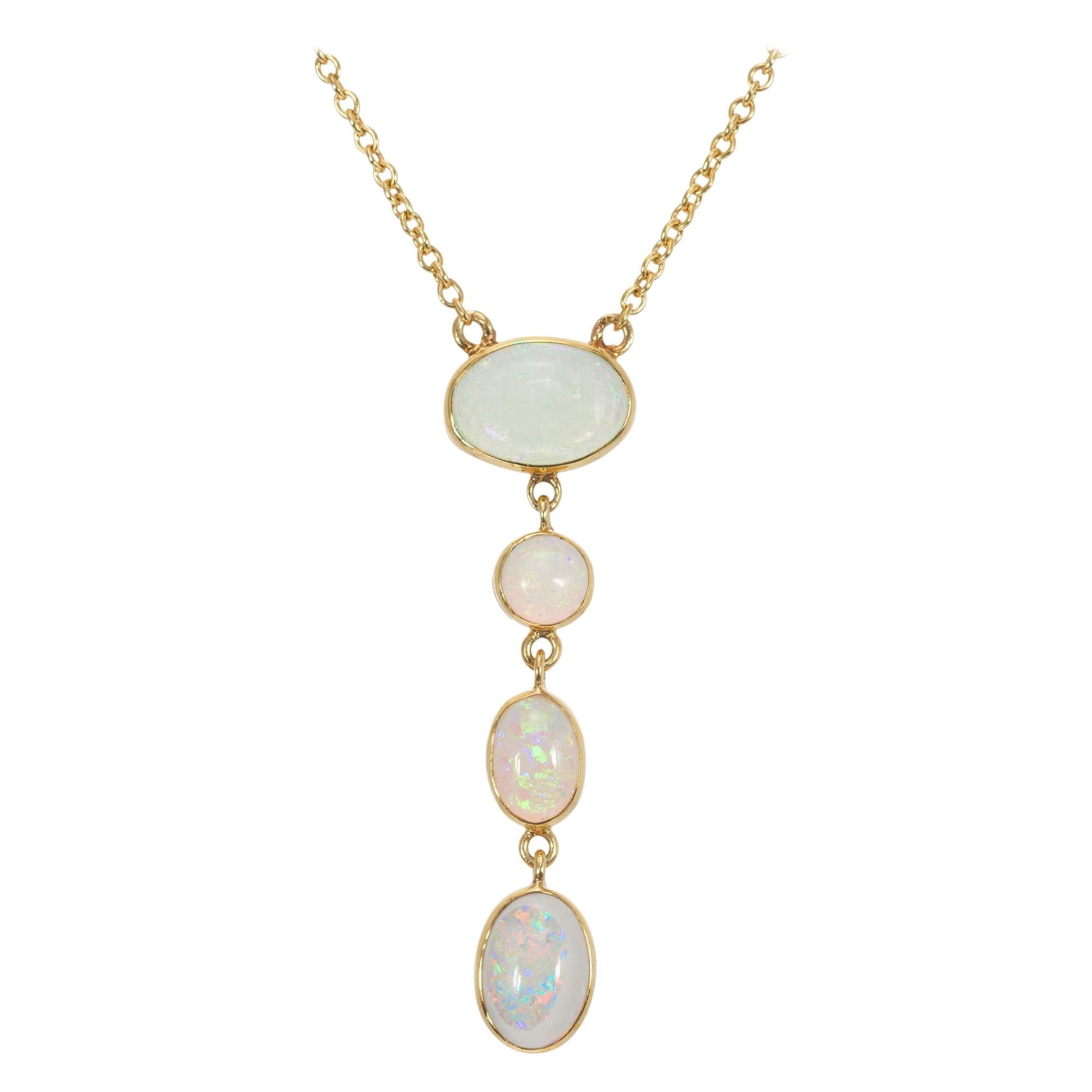 1.60 Carat Opal Yellow Gold Drop Pendant Necklace, circa 1940's For Sale