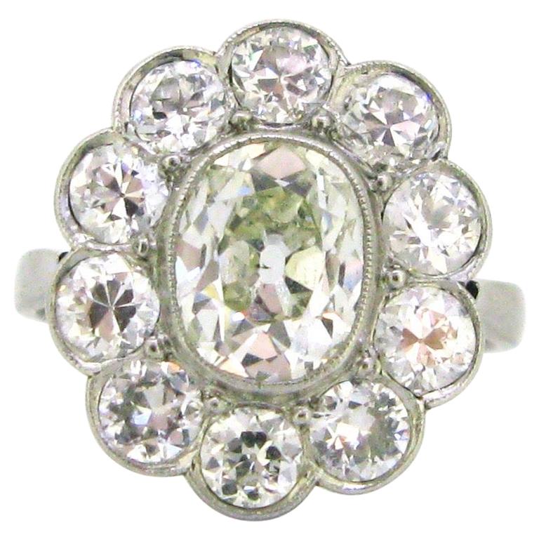 1.60 Carat Oval Cushion Cut Diamond Cluster Edwardian Platinum Engagement Ring