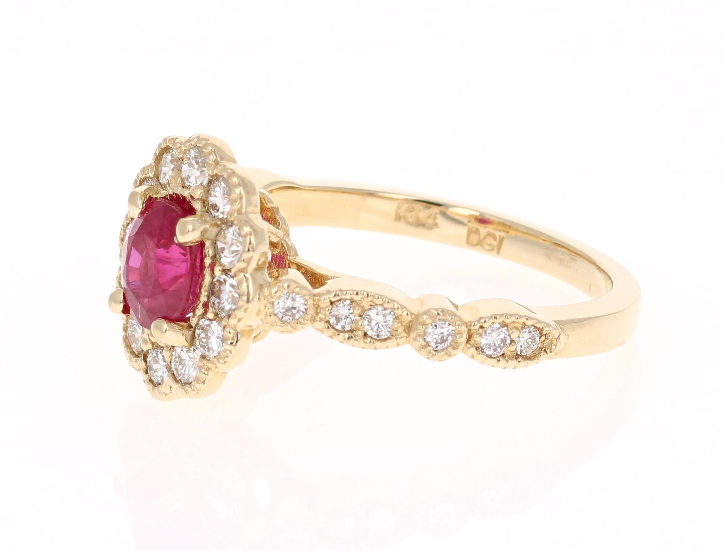 Contemporary 1.60 Carat Oval Cut Burmese Ruby Diamond 14 Karat Yellow Gold Bridal Ring For Sale