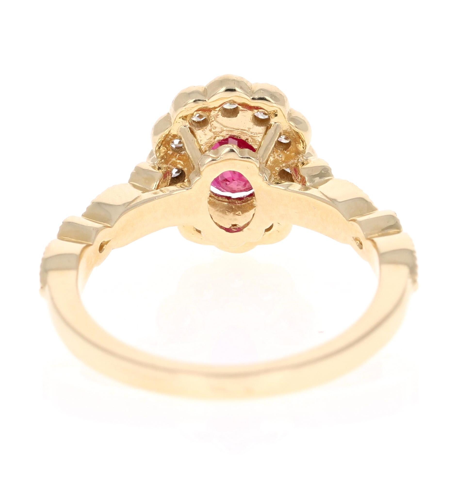 1.60 Carat Oval Cut Burmese Ruby Diamond 14 Karat Yellow Gold Bridal Ring In New Condition For Sale In Los Angeles, CA