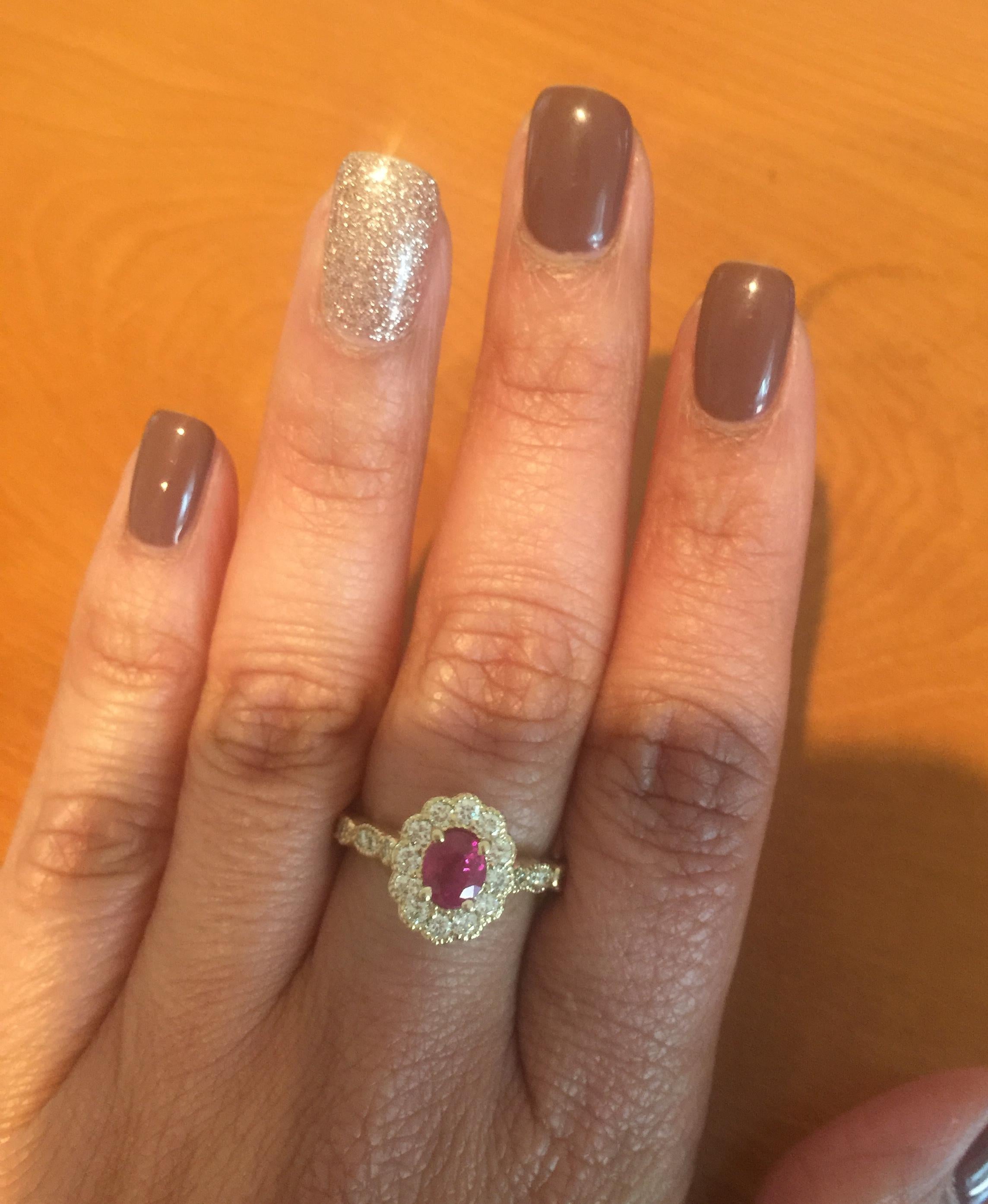 Women's 1.60 Carat Oval Cut Burmese Ruby Diamond 14 Karat Yellow Gold Bridal Ring For Sale