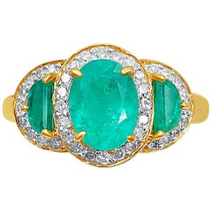 18K Yellow Gold 3-Stone Colombian Emerald and Diamond Halo 2 CTW Ring