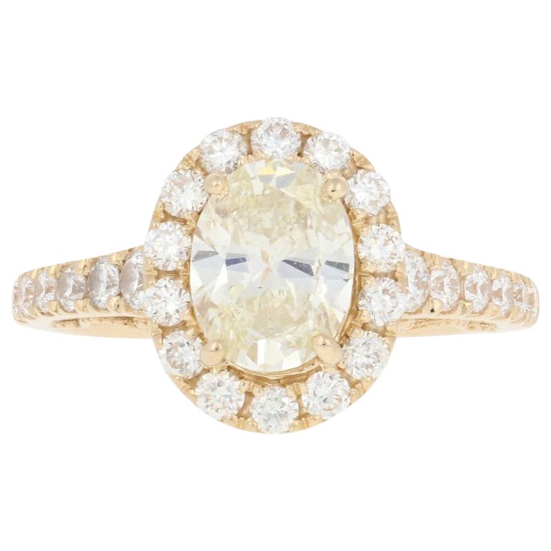 1.60 Carat Oval Cut Diamond Ring, 14 Karat Yellow Gold Engagement Milgrain Halo For Sale