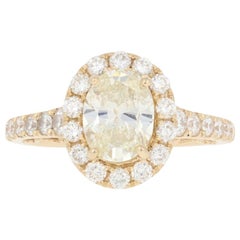 1.60 Carat Oval Cut Diamond Ring, 14 Karat Yellow Gold Engagement Milgrain Halo