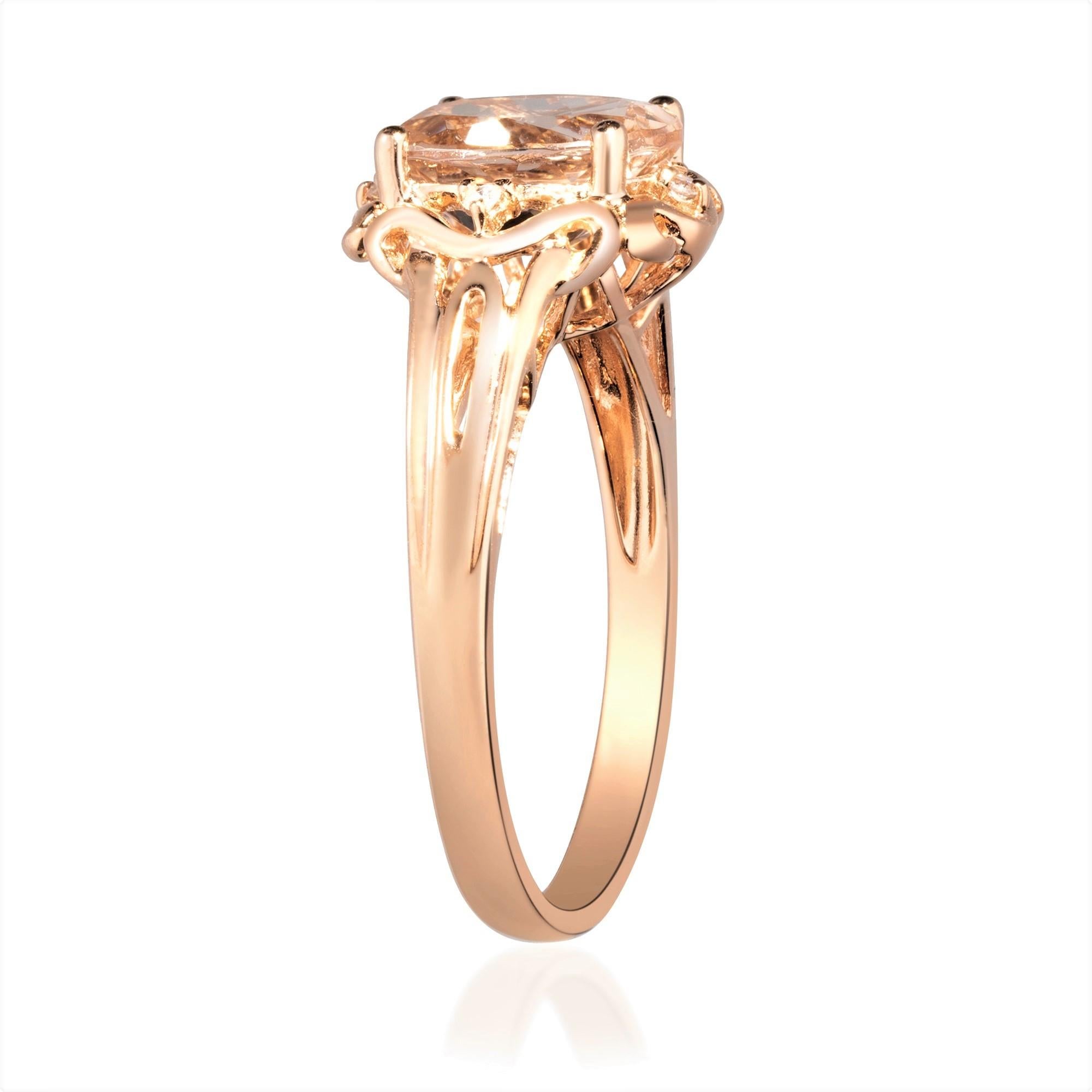Art déco Bague en or rose 10 carats et diamants avec morganite taille ovale de 1,60 carat en vente