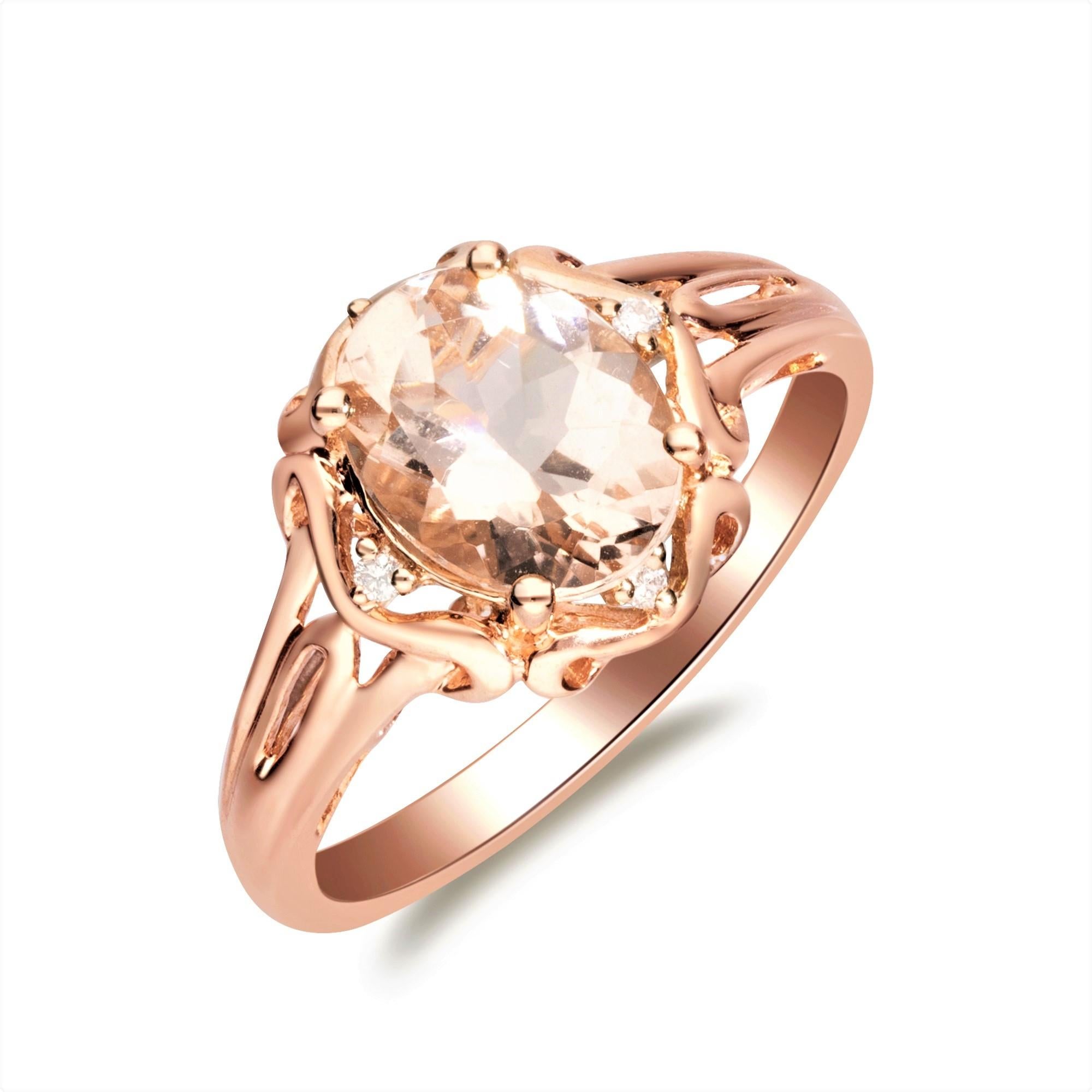 1.60 Carat Oval Cut Morganite with Diamond and 10K Rose Gold Ring In New Condition For Sale In New York, NY