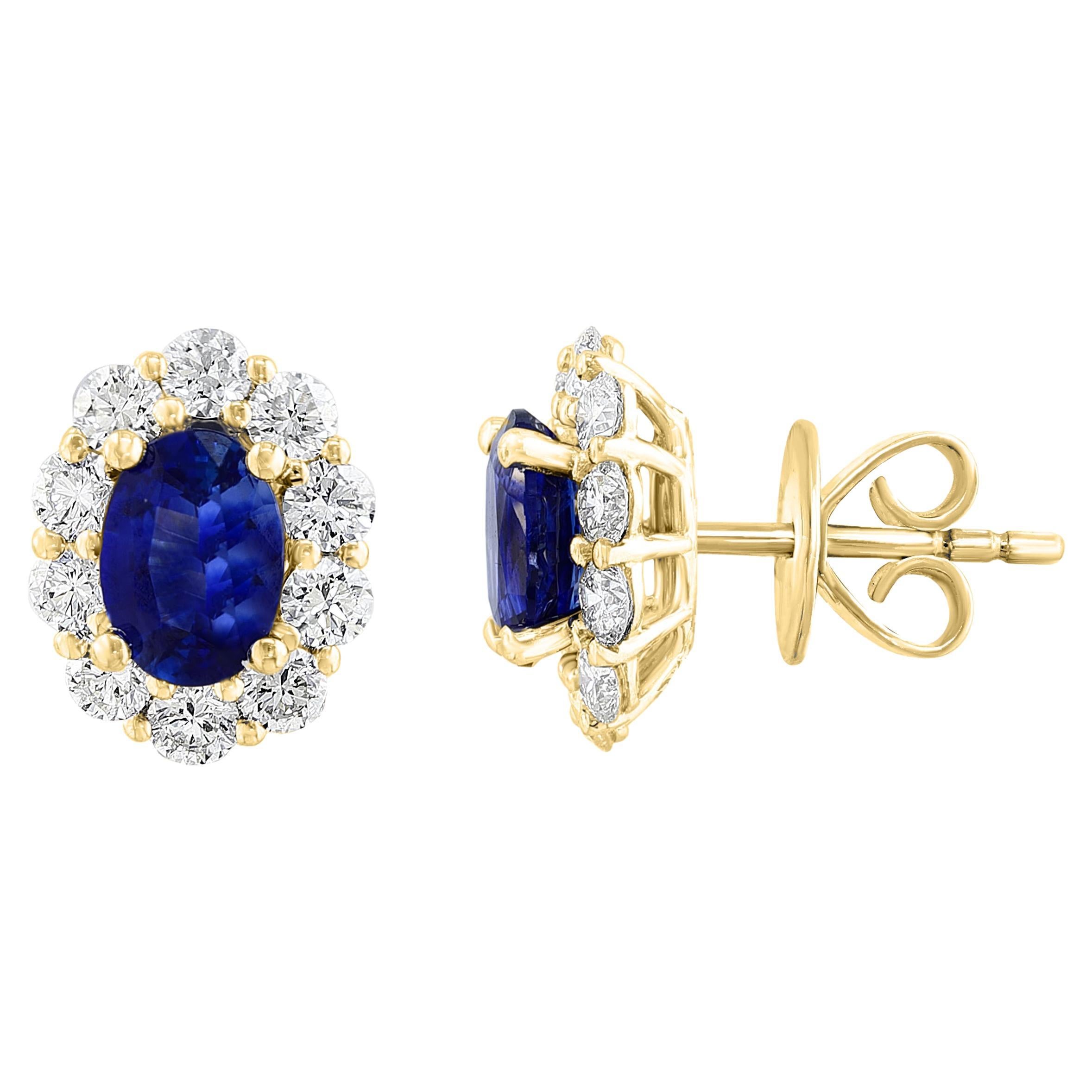 1.60 Carat Oval Cut Sapphire and Diamond Stud Earrings in 18K Yellow Gold For Sale