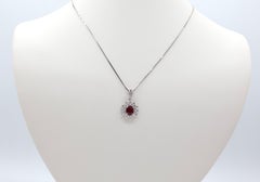 1.60 Carat Oval Ruby Diamond Cluster Halo Pendant 18K White Gold Floral Design