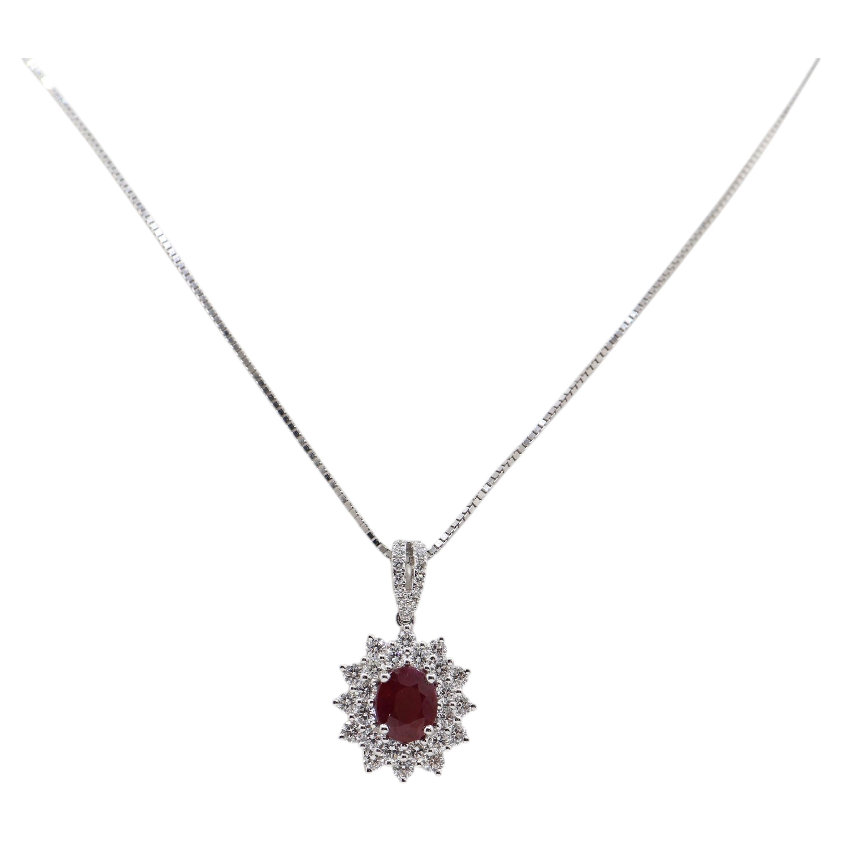 1.60 Carat Oval Ruby Diamond Cluster Halo Pendant 18K White Gold Floral Design