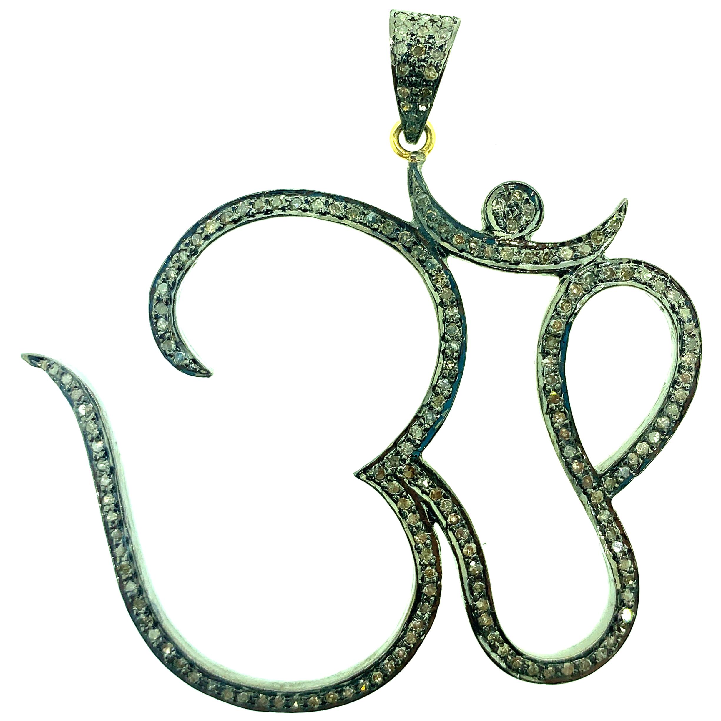 1.60 Carat Pave Diamond Om Pendant in Oxidized Sterling Silver and 14 Karat Gold For Sale