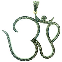 1.60 Carat Pave Diamond Om Pendant in Oxidized Sterling Silver and 14 Karat Gold