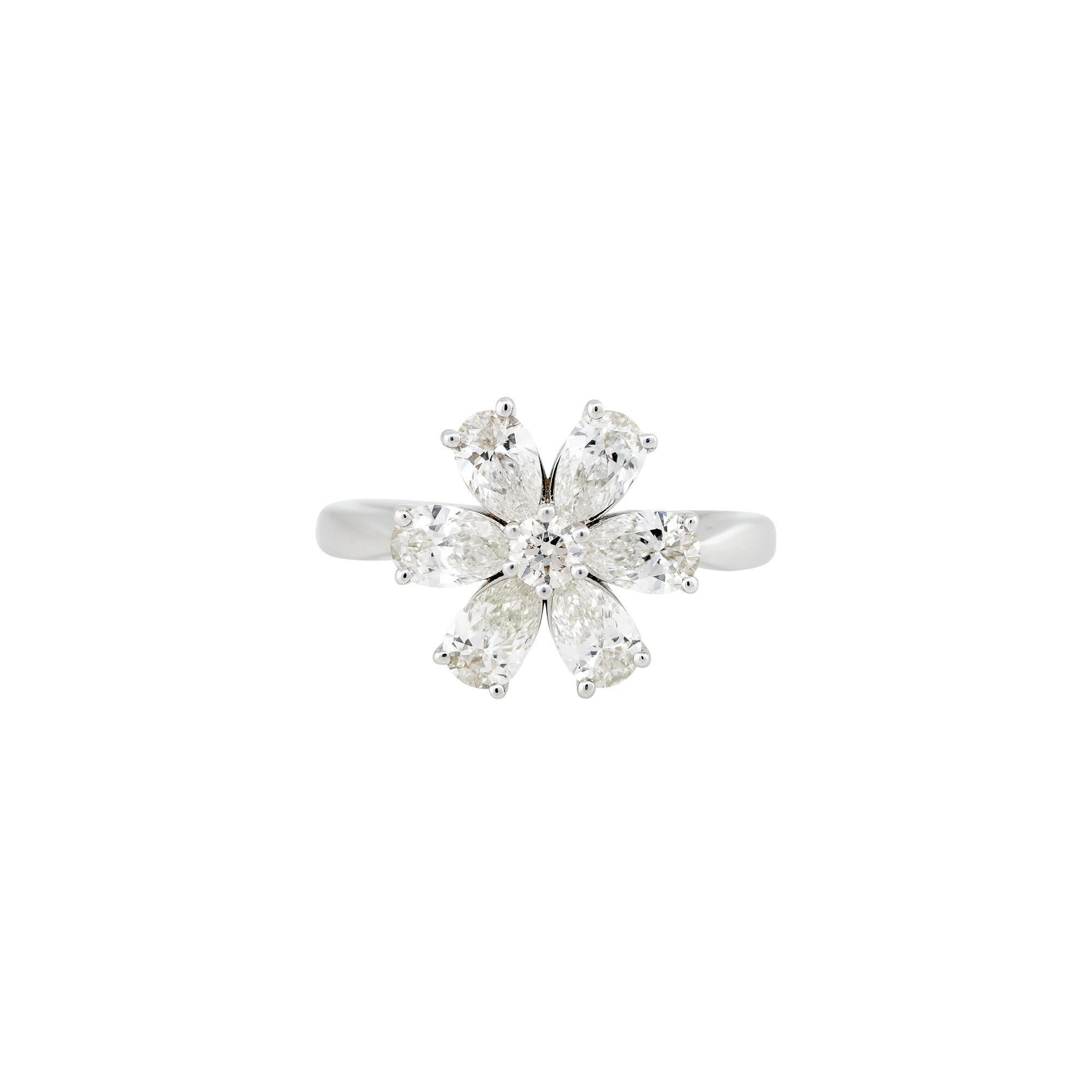 18k White Gold 1.60ctw Pear Shaped Diamond Flower Ring
Style: Women's Diamond Flower Ring
Material: 18k White Gold
Main Diamond Details: Approximately 1.60ctw of Pear Shaped and Round Brilliant Cut Diamonds. There are 6 Pear Shaped stones and 1