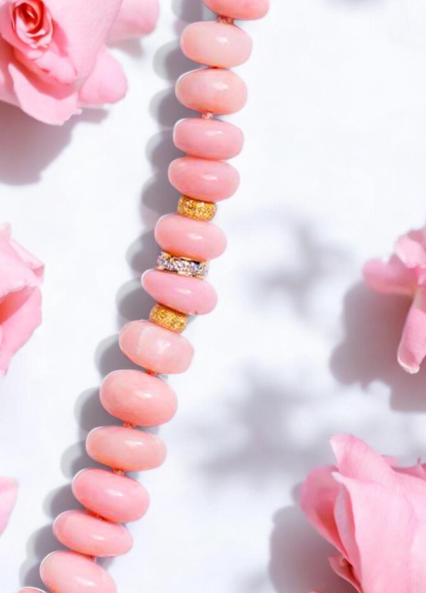Modern 160 Carat Blush Pink Opal Beaded Diamond Yellow Gold Necklace For Sale