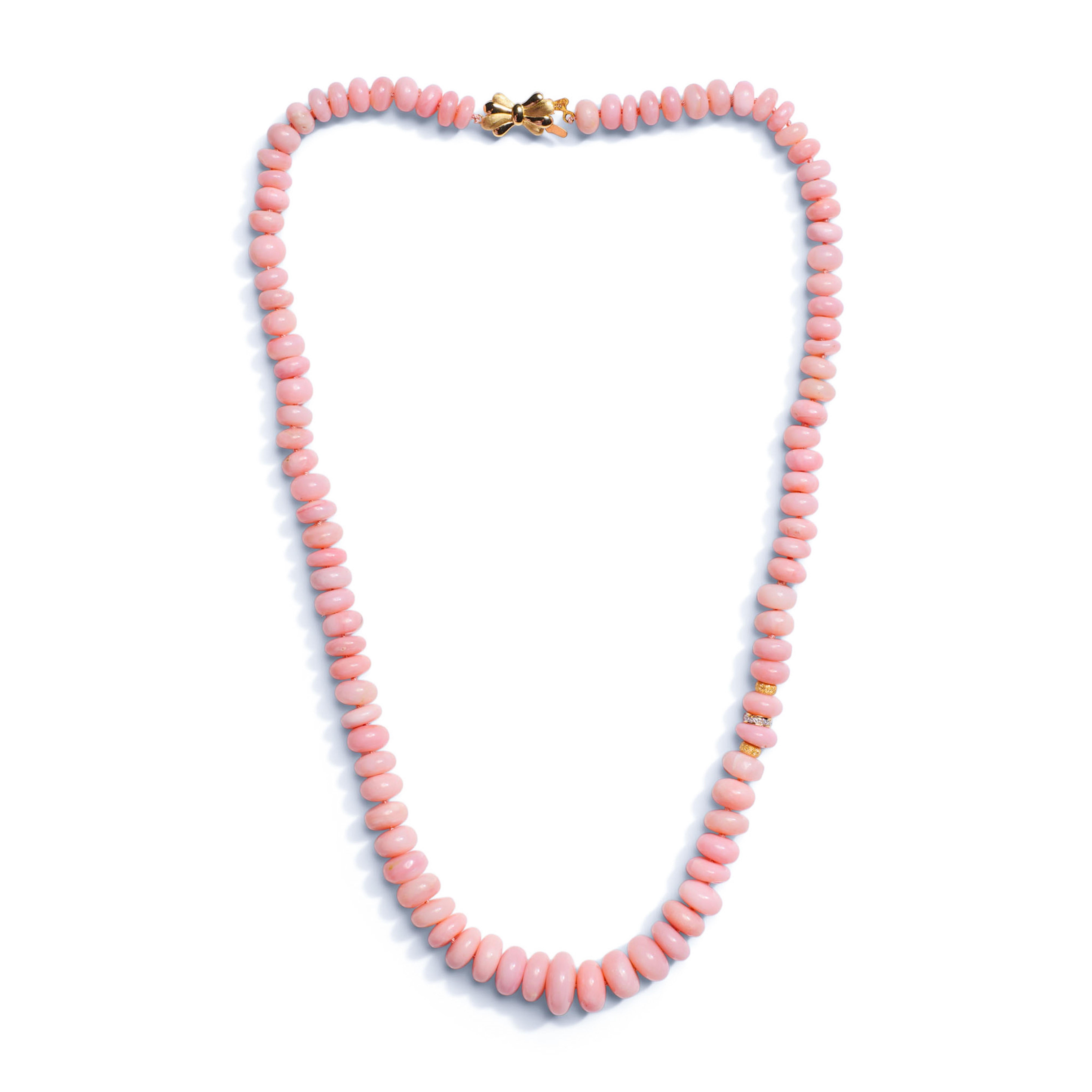 160 Carat Blush Pink Opal Beaded Diamond Yellow Gold Necklace For Sale 1