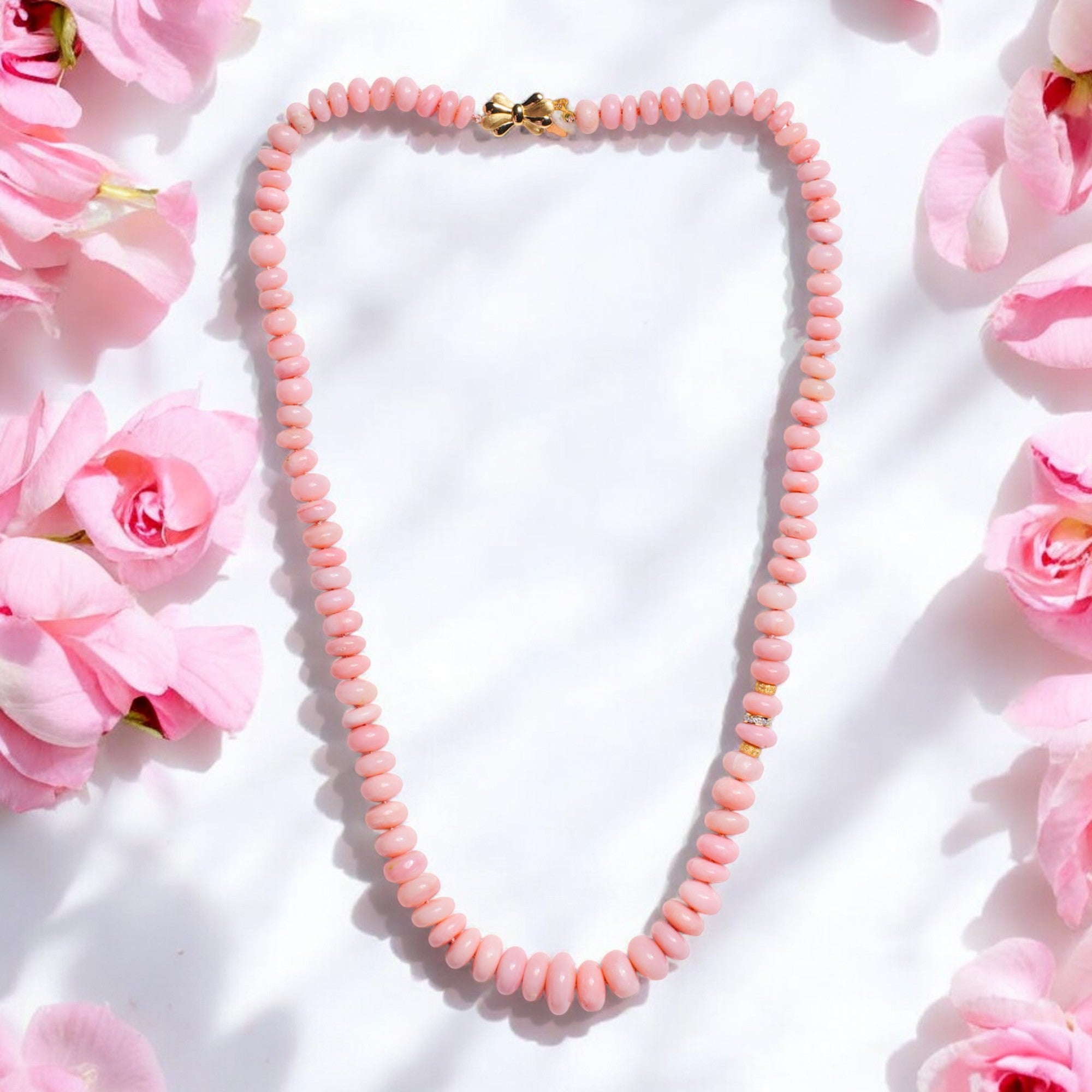 160 Carat Blush Pink Opal Beaded Diamond Yellow Gold Necklace For Sale