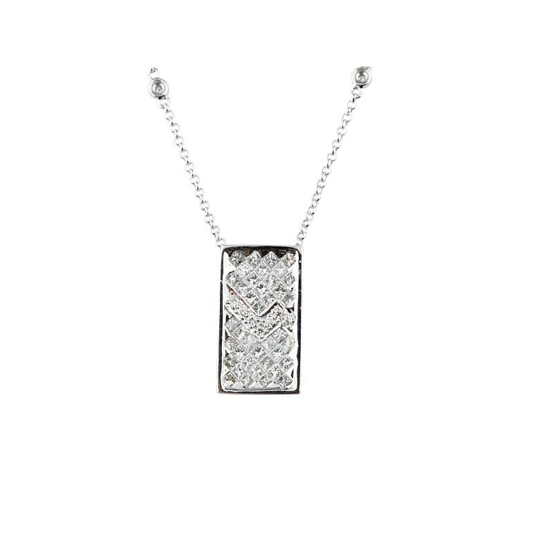 Pendentif plaqué en or blanc avec chaîne et diamants ronds de 1,60 carat Bon état - En vente à Sherman Oaks, CA