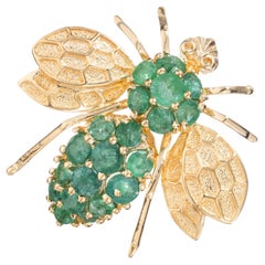 1.60 Carat Round Emerald 14k Yellow Gold Fly Brooch