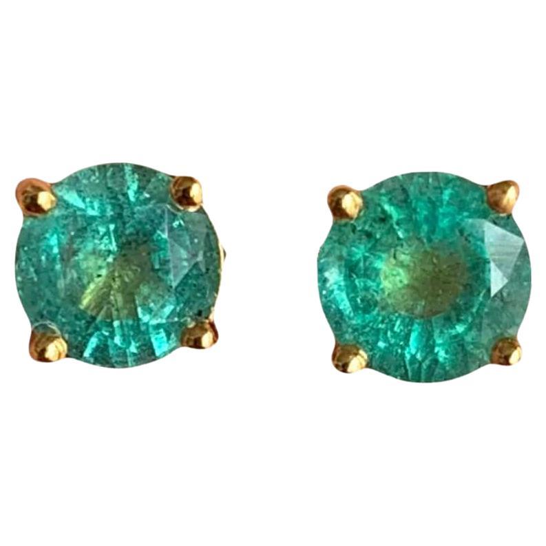1.60 Carat Round Zambian Emerald Statement Stud Earrings in 18K Yellow Gold For Sale