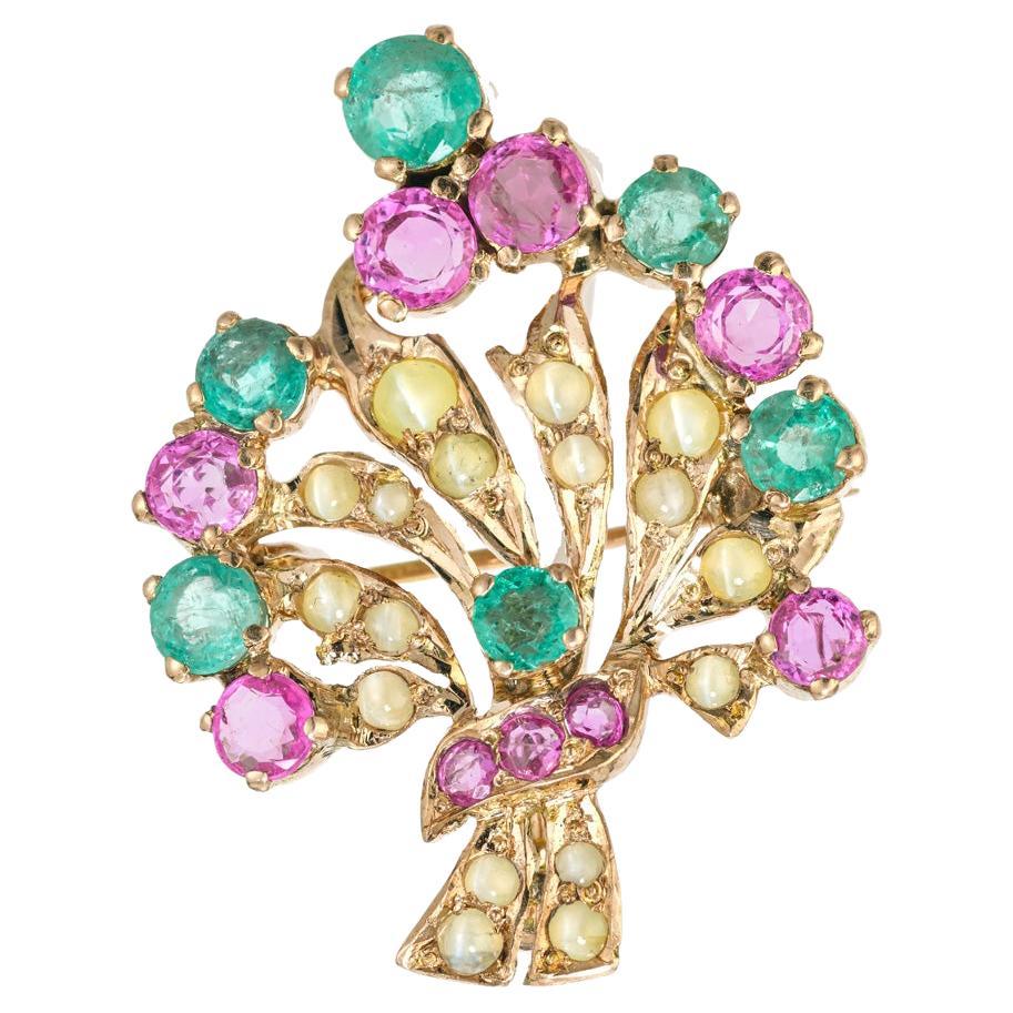 1.60 Carat Ruby Emerald Chrysoberyl Cat's Eye Yellow Gold Brooch Pendant For Sale