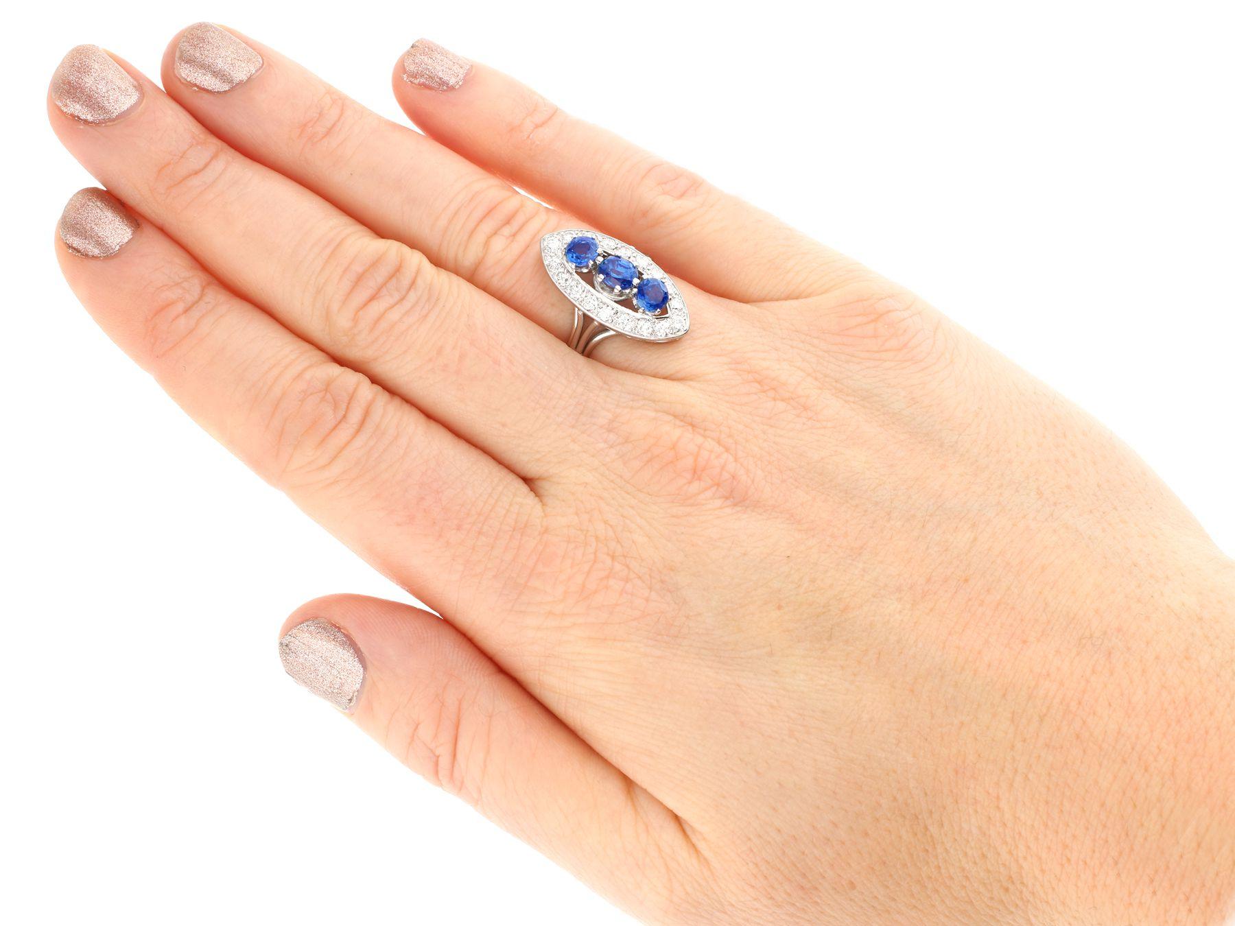 Vintage French 1.60 Carat Sapphire & 1.05 Carat Diamond White Gold Cluster Ring For Sale 1