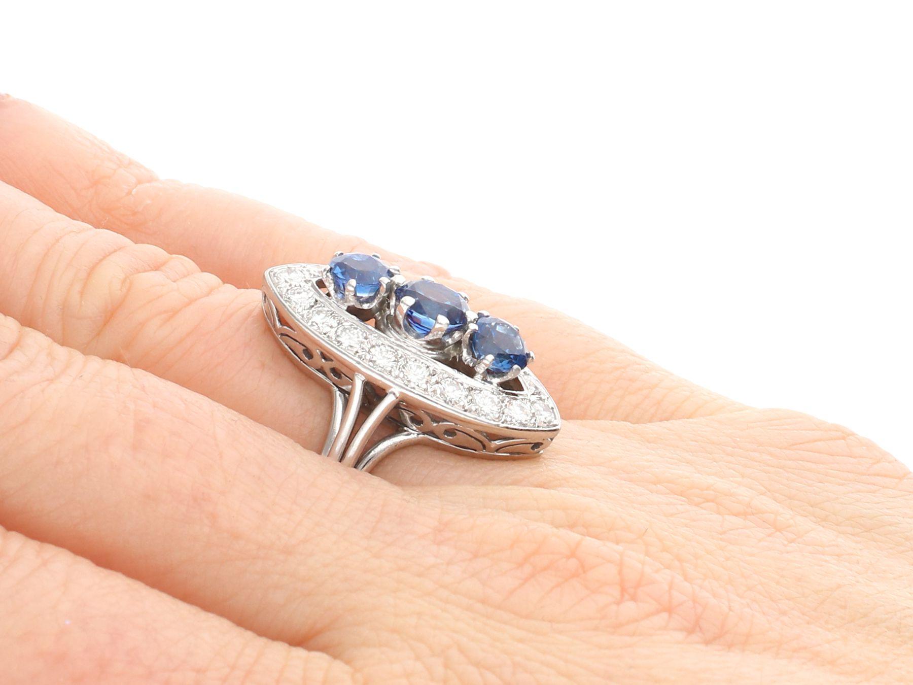 Vintage French 1.60 Carat Sapphire & 1.05 Carat Diamond White Gold Cluster Ring For Sale 2