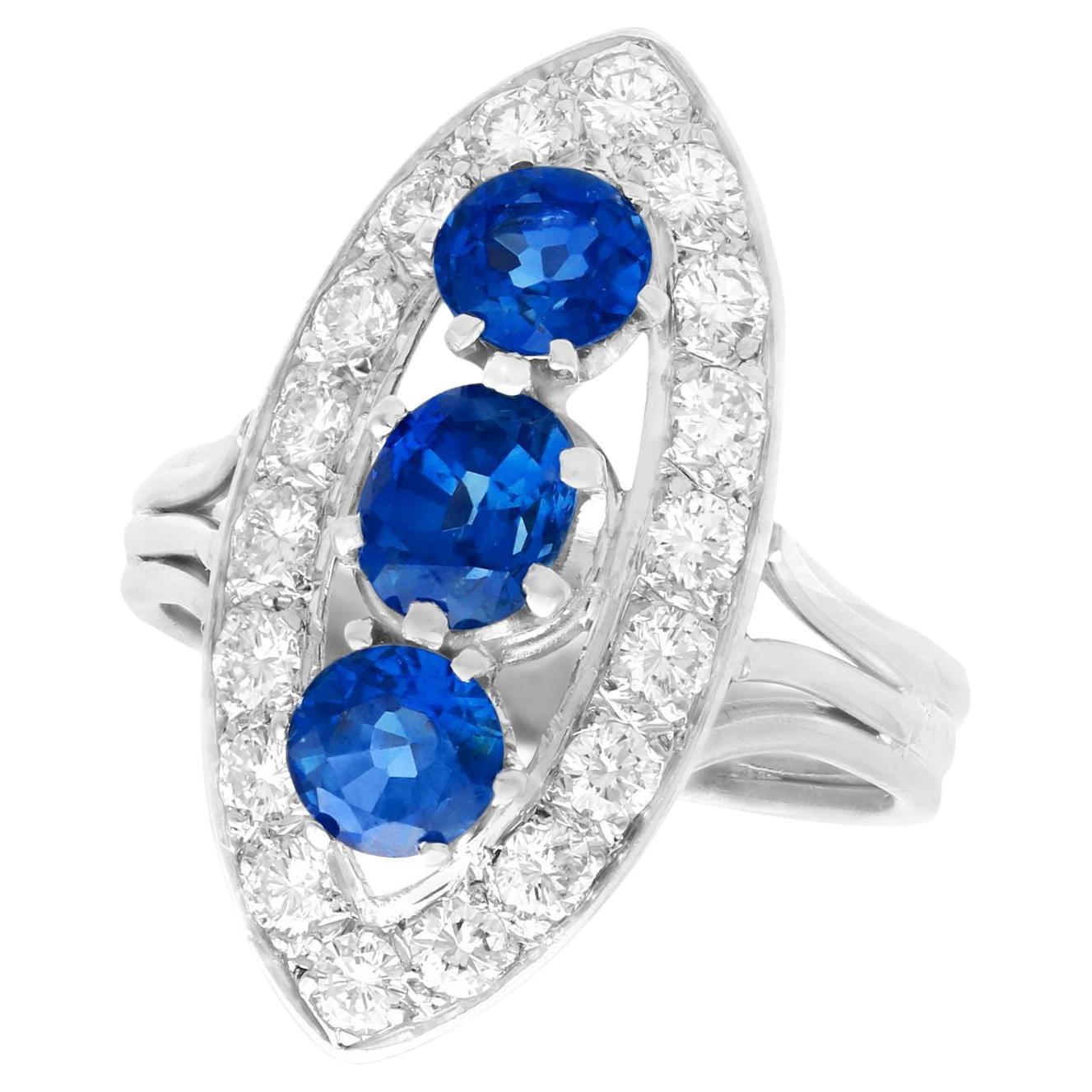 Vintage French 1.60 Carat Sapphire & 1.05 Carat Diamond White Gold Cluster Ring For Sale