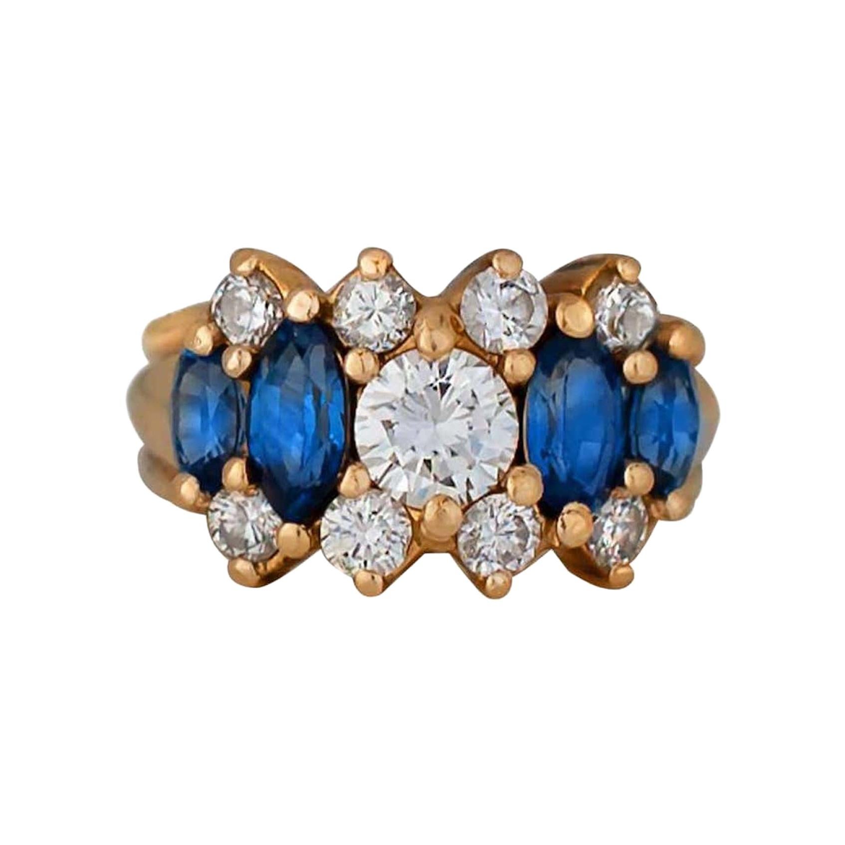 1.60 Carat Sapphire and Diamond Gold Cluster Ring