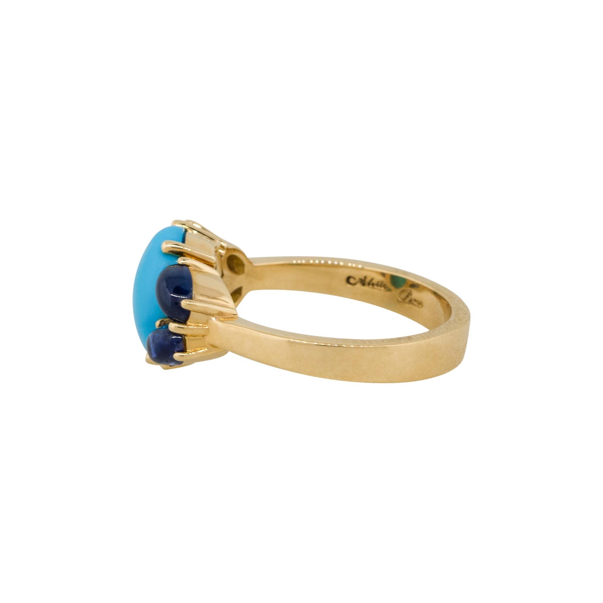 Material: 18k Yellow Gold 
Gemstone details: Approx. 1.60ct oval Sapphire gemstones
                               Oval Turquoise Cabochon
Ring Size: 7
Ring Measurements: 0.90