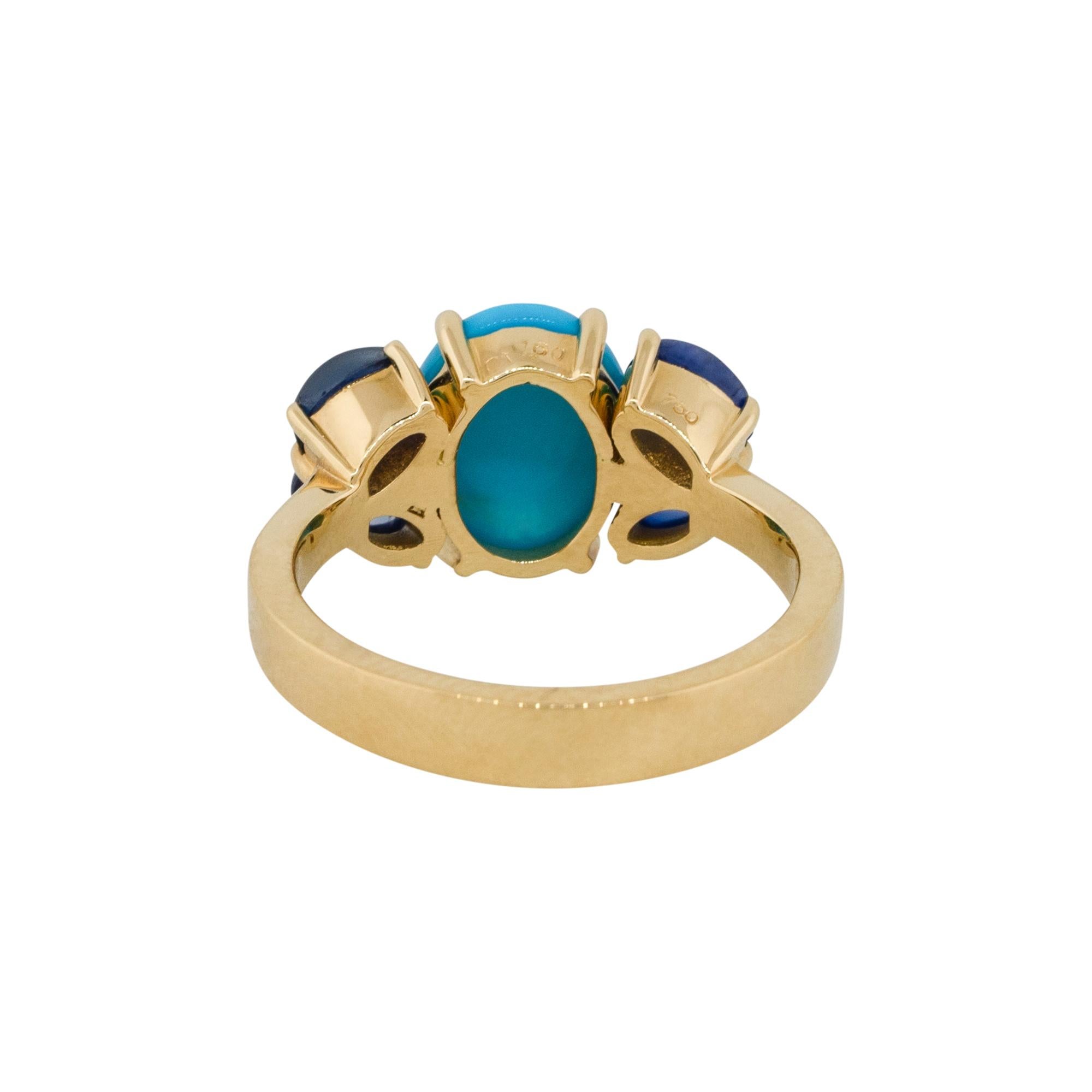 Oval Cut 1.60 Carat Sapphire with Turquoise Cabochon Ring 18 Karat in Stock