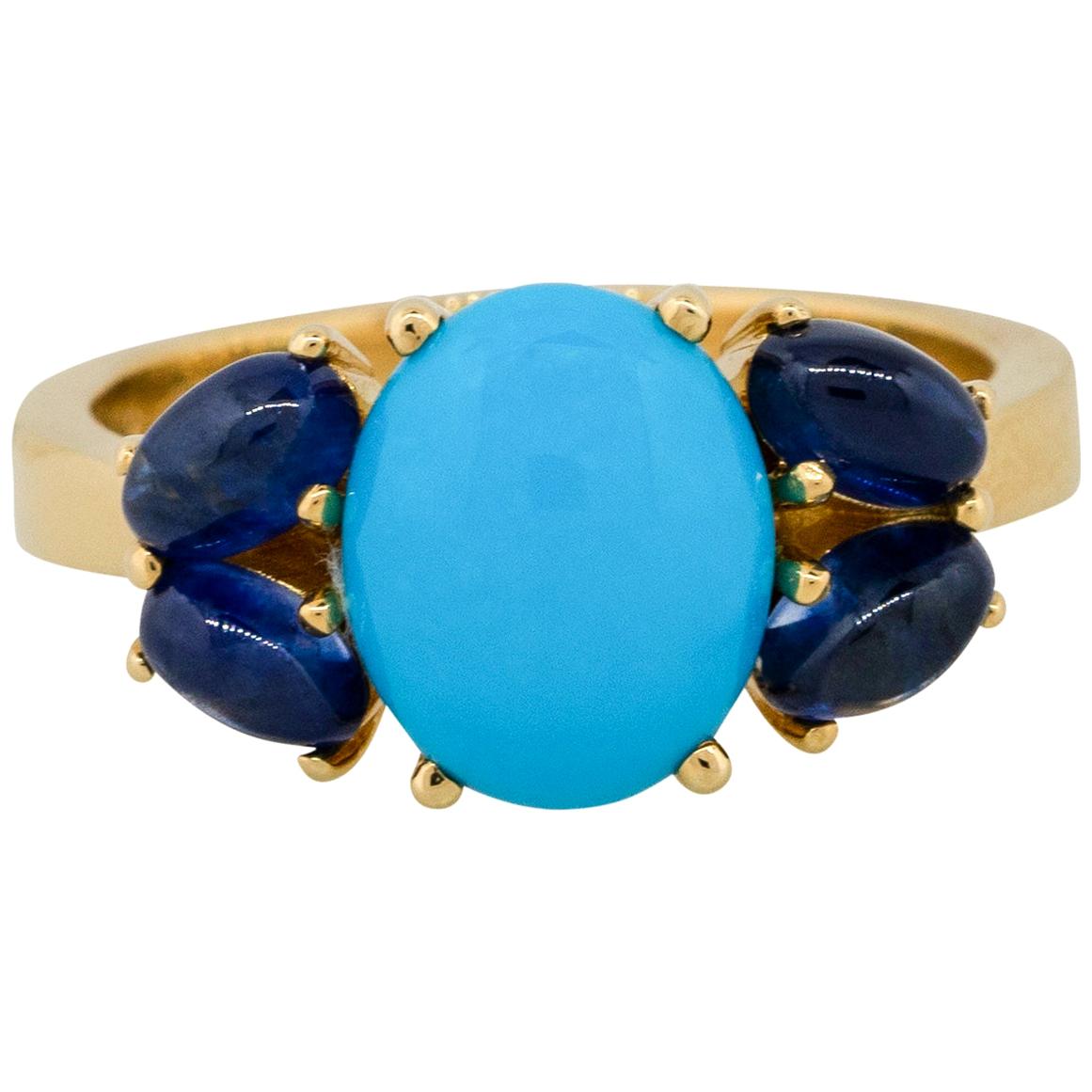 1.60 Carat Sapphire with Turquoise Cabochon Ring 18 Karat in Stock