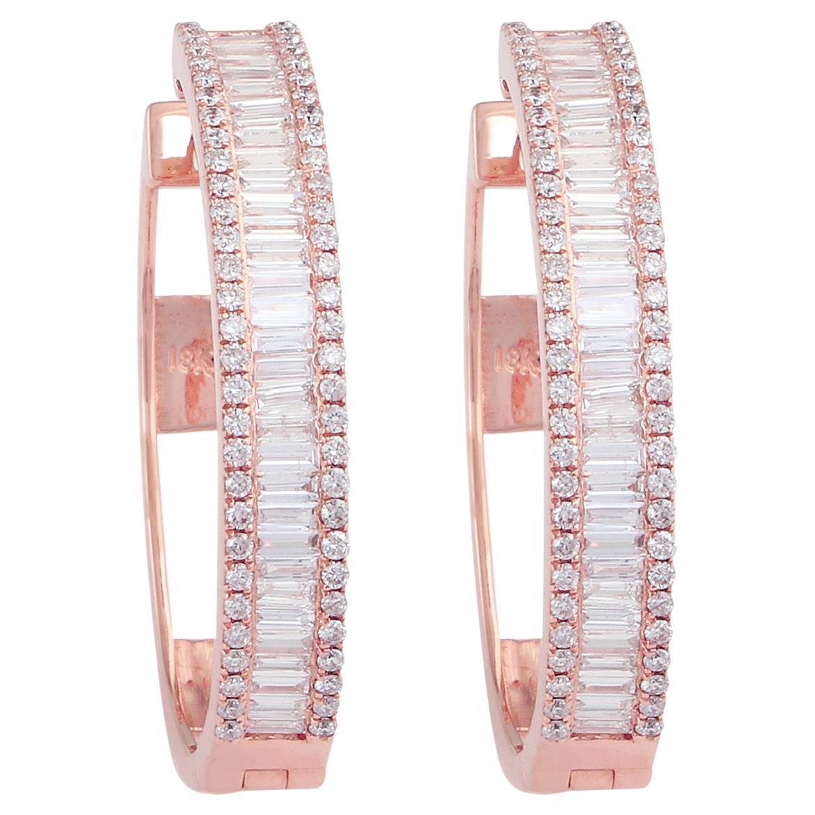 1.60 Carat SI Clarity HI Color Baguette Diamond Hoop Earrings 18 Karat Rose Gold