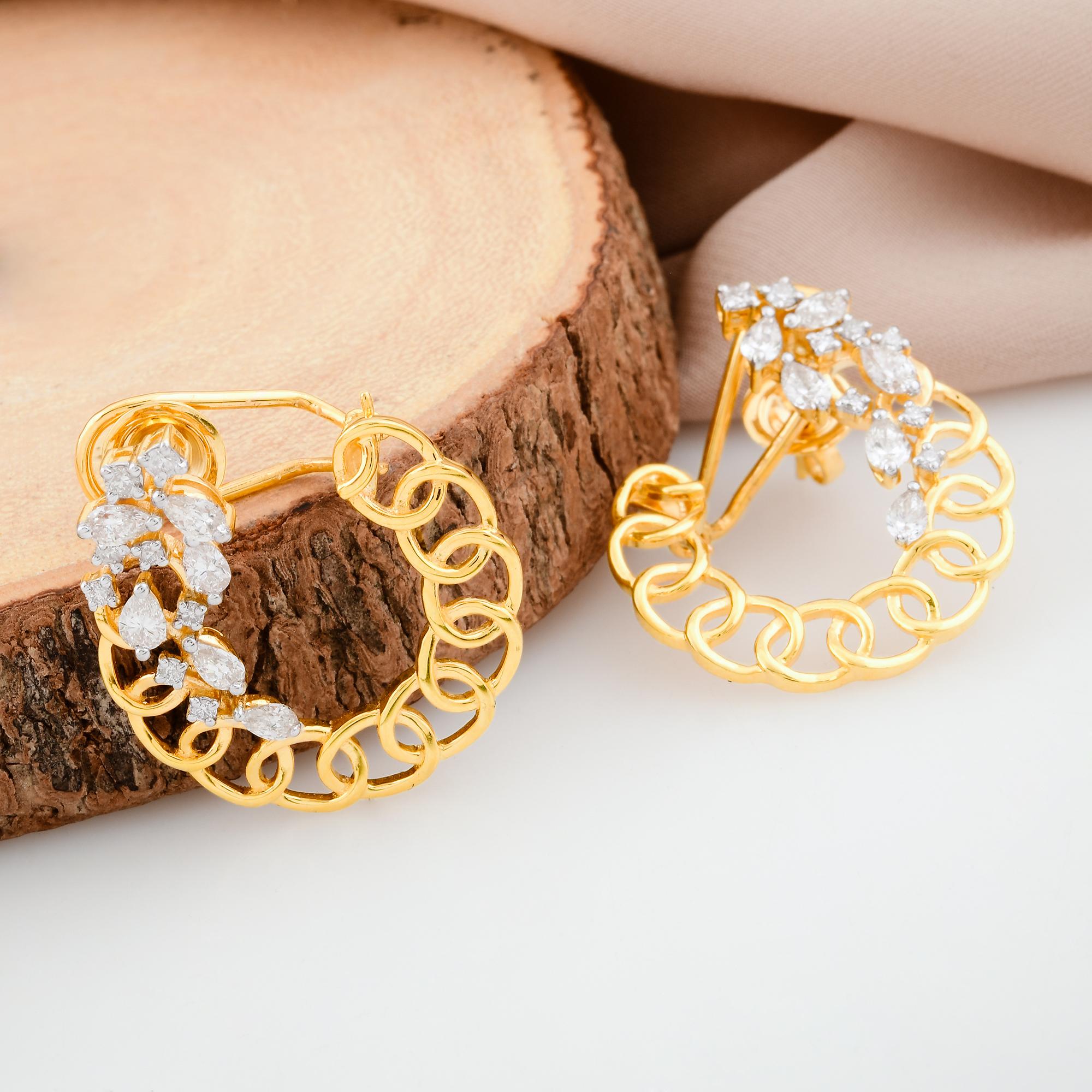 Moderne 1.60 Carat SI Clarity HI Color Pear Round Diamond Hoop Earrings 18k Yellow Gold en vente