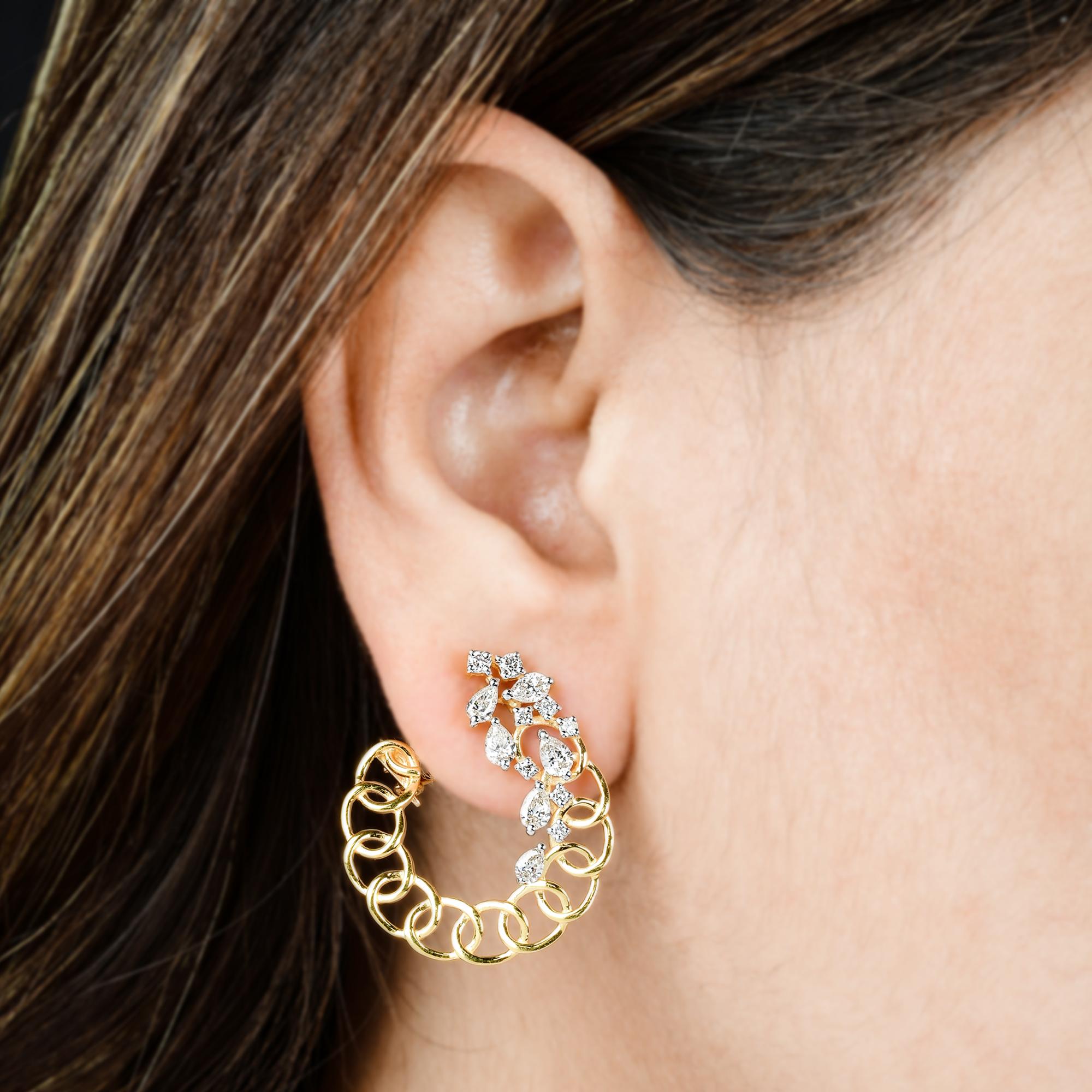Taille poire 1.60 Carat SI Clarity HI Color Pear Round Diamond Hoop Earrings 18k Yellow Gold en vente