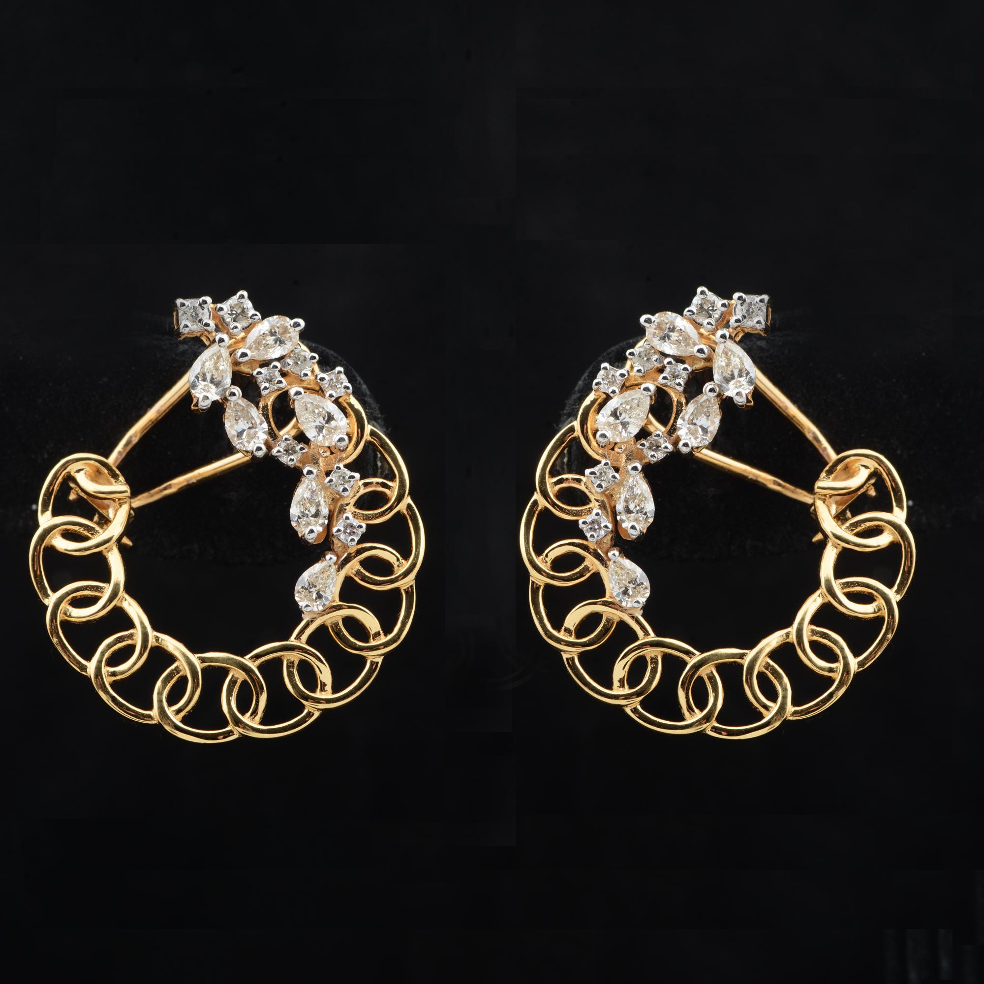 Pear Cut 1.60 Carat SI Clarity HI Color Pear Round Diamond Hoop Earrings 18k Yellow Gold For Sale